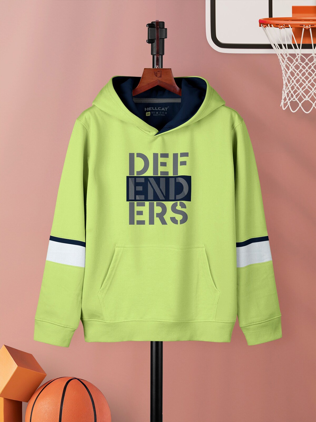 

HELLCAT Girls Typography Printed Hooded Cotton Pullover, Green