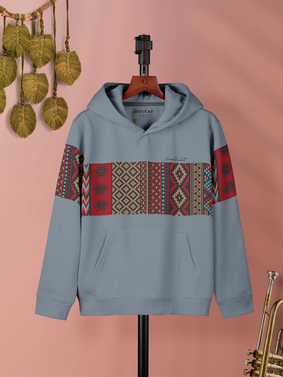 

HELLCAT Girls Geometric Printed Hooded Pullover Sweatshirt, Grey