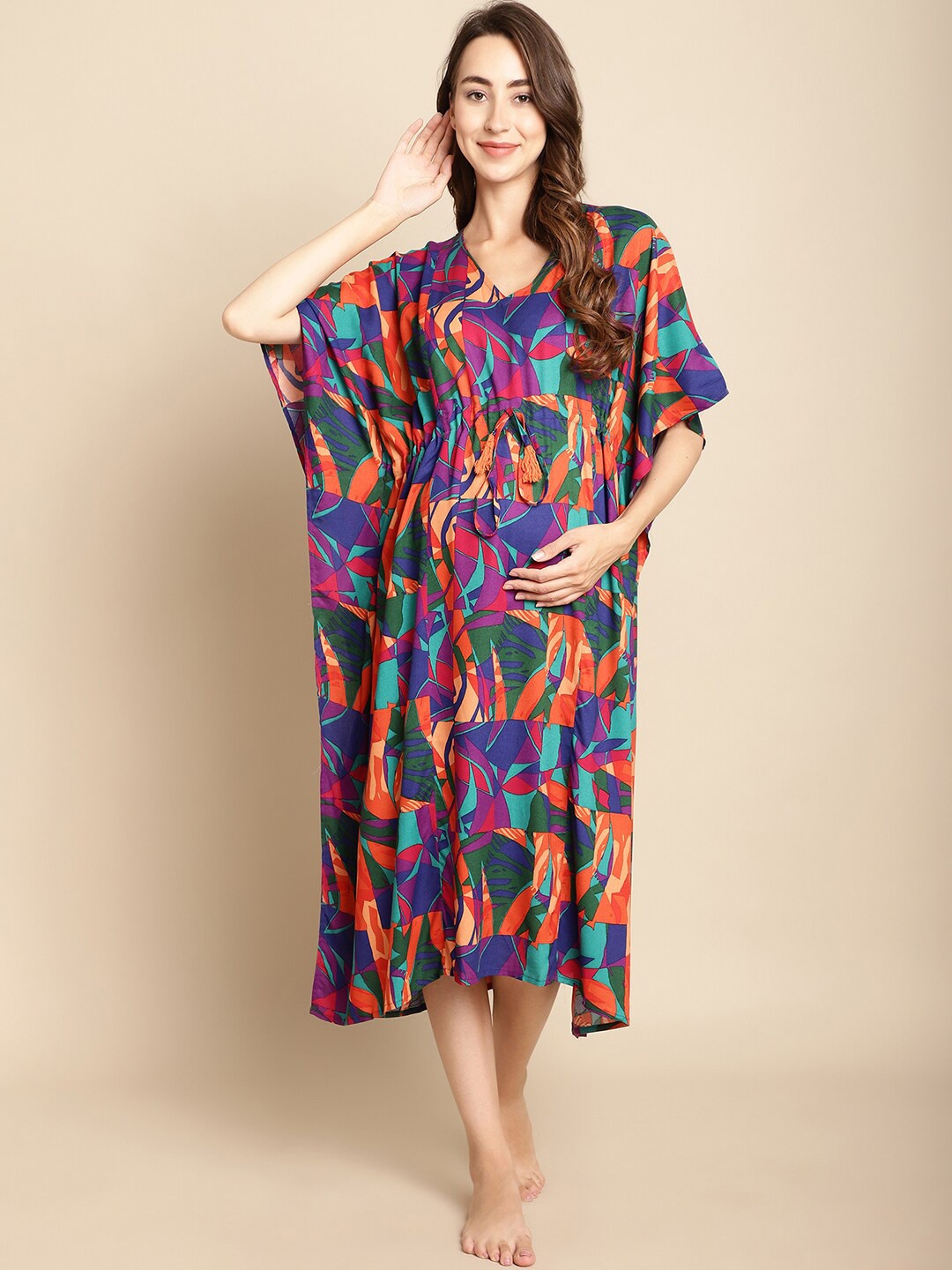 

Secret Wish Abstract Printed Maternity And Feeding Kaftan Nightdress, Blue