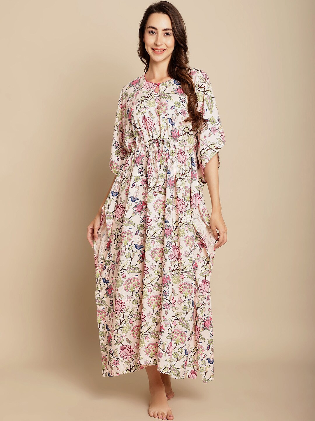 

Secret Wish Floral Printed Maxi Kaftan Nightdress, Cream