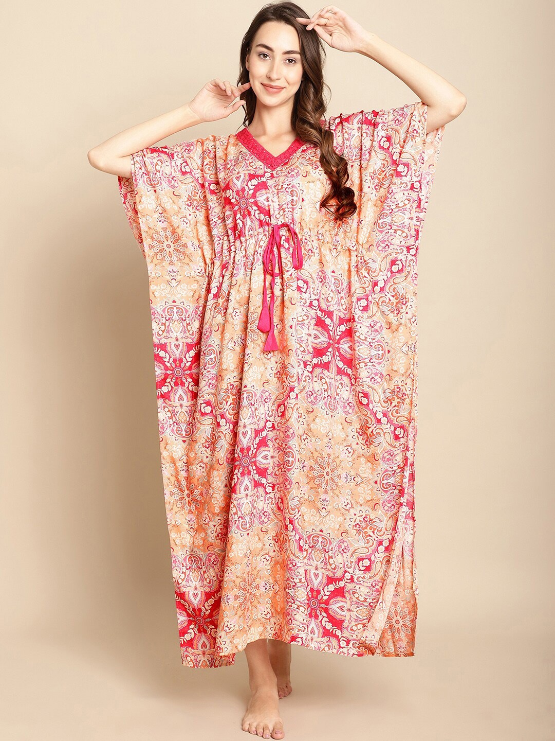 

Secret Wish Ethnic Motifs Printed Maxi Kaftan Nightdress, Beige