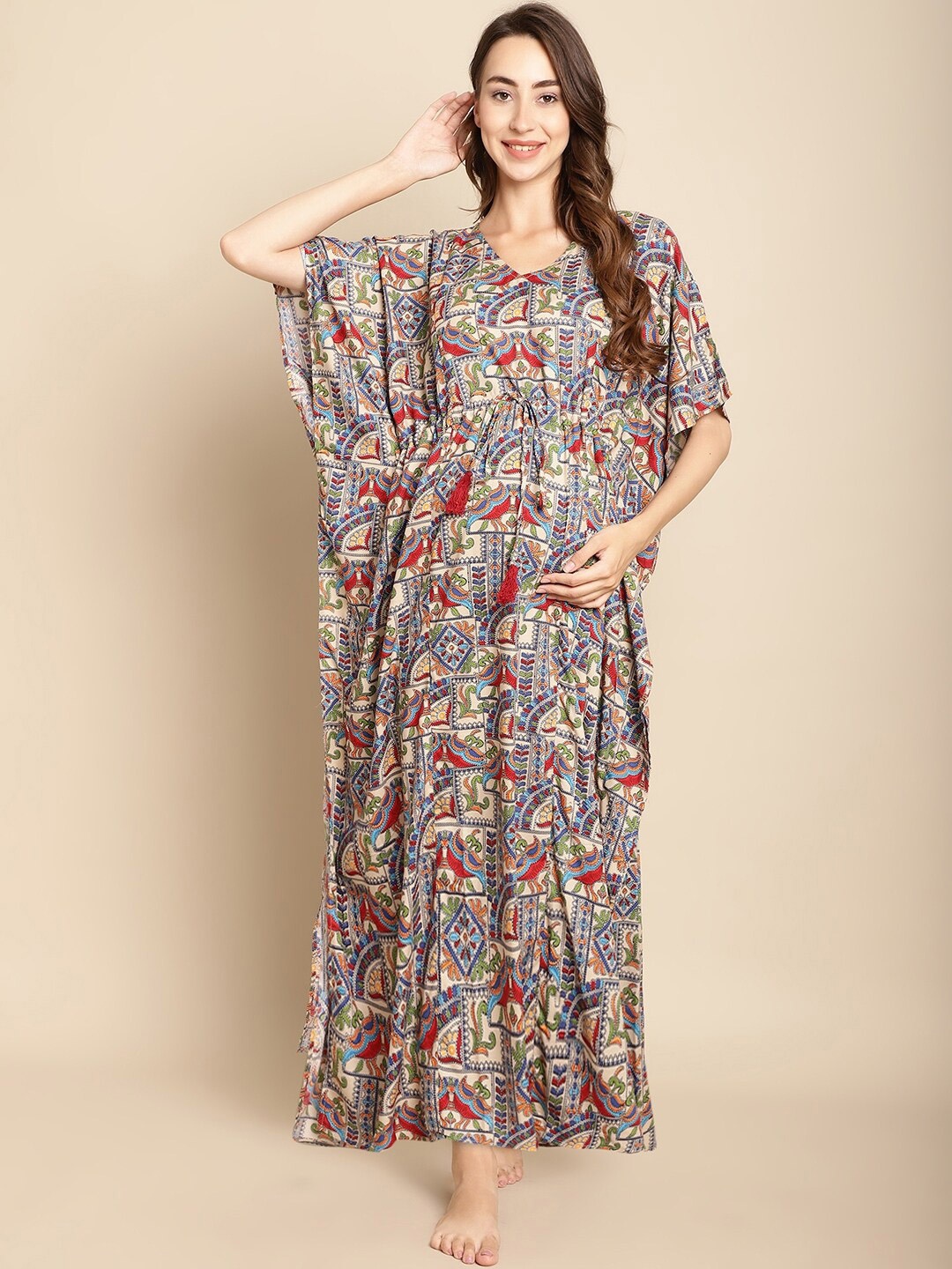 

Secret Wish Ethnic Motifs Printed Maternity Kaftan Maxi Nightdress, Beige