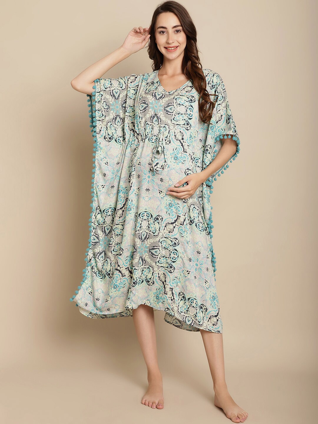 

Secret Wish Ethnic Motifs Printed Maternity Kaftan Nightdress, Blue