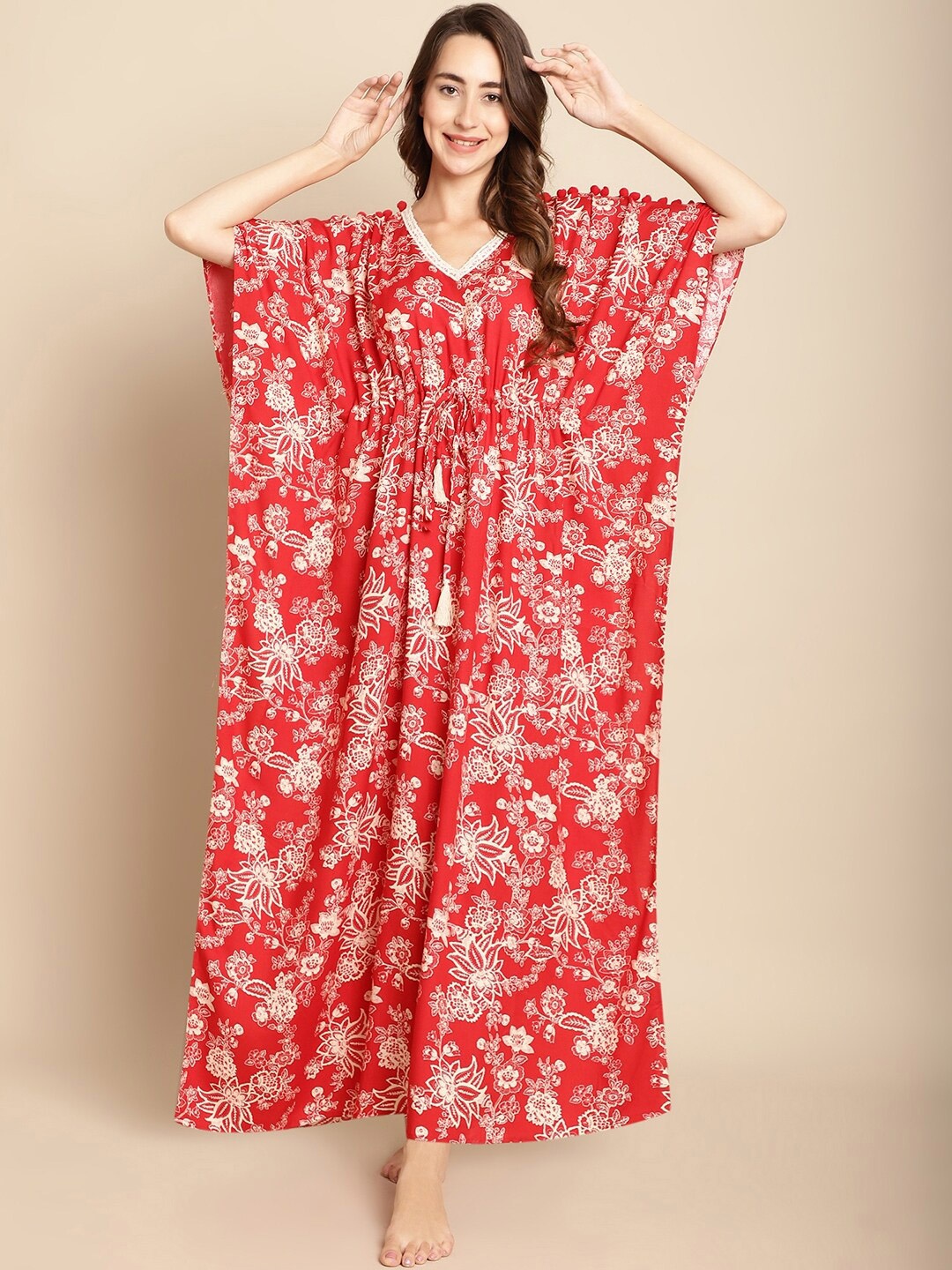 

Secret Wish Floral Printed Kaftan Maxi Nightdress, Red