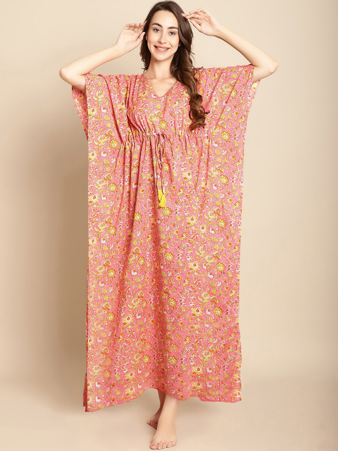 

Secret Wish Floral Printed Maxi Kaftan Nightdress, Peach