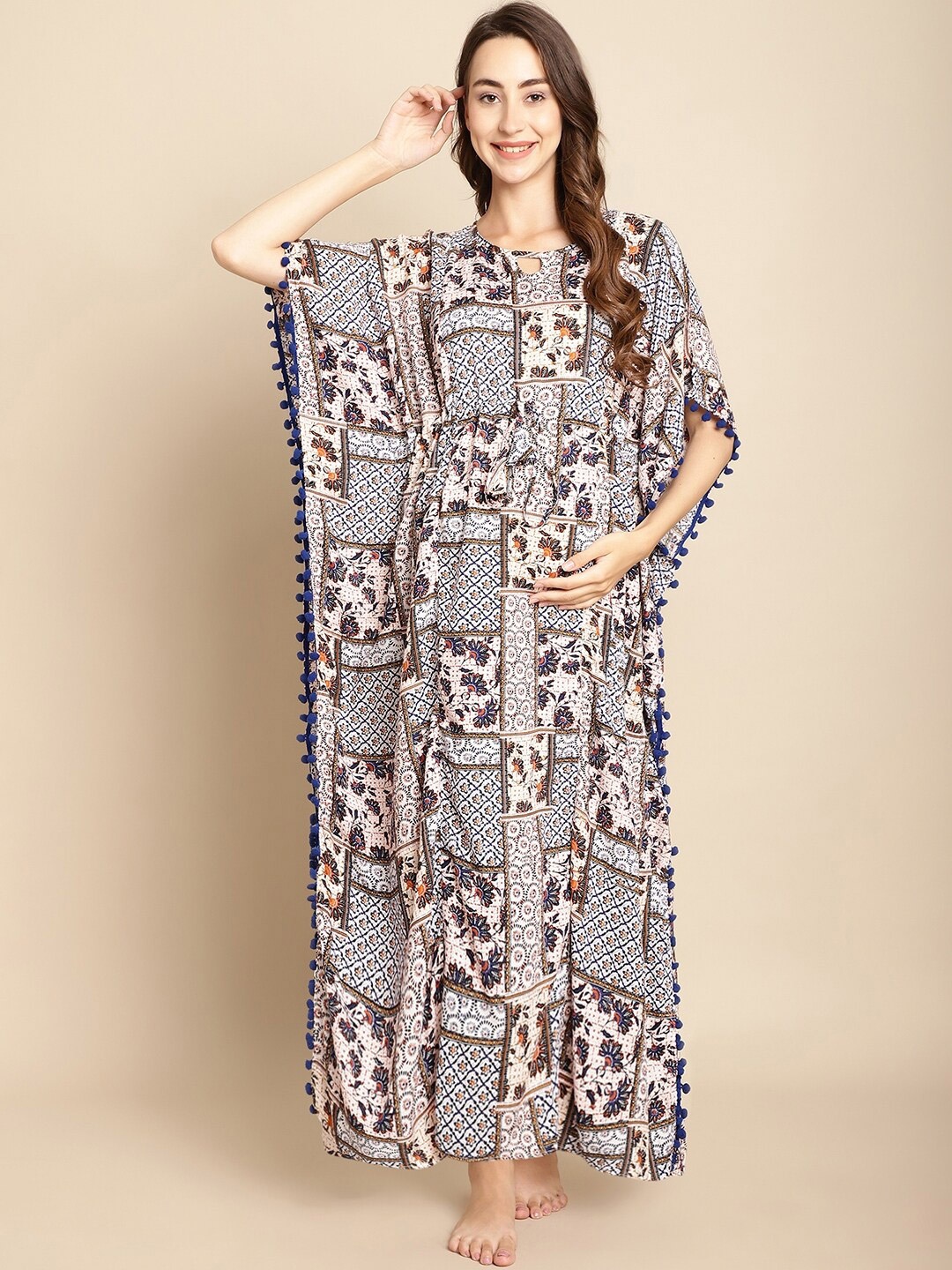 

Secret Wish Ethnic Motifs Printed Keyhole Neck Maternity Maxi Kaftan Nightdress, Blue