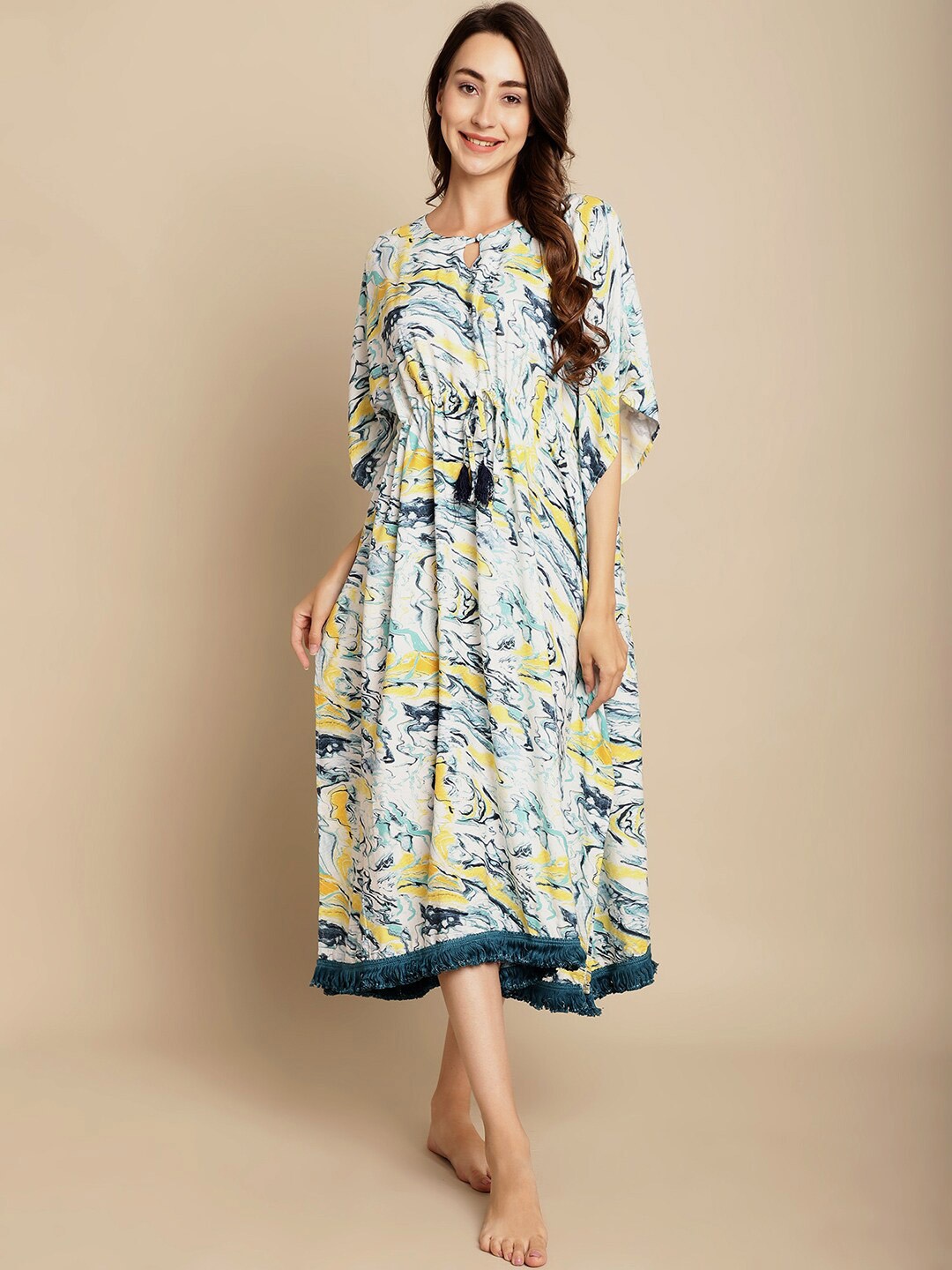 

Secret Wish Abstract Printed Keyhole Neck Kaftan Nightdress, Blue