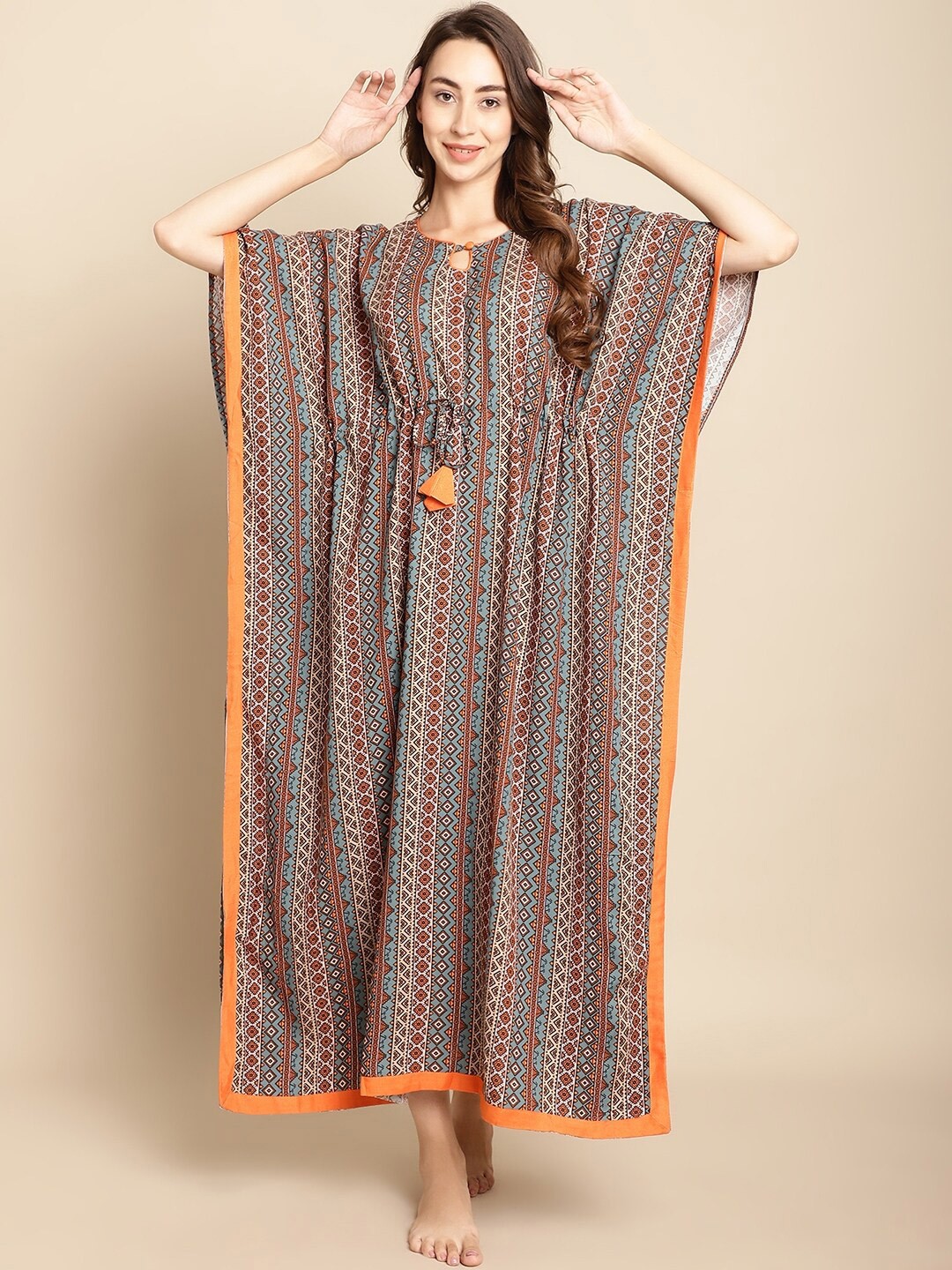 

Secret Wish Ethnic Motifs Printed Maxi Kaftan Nightdress, Grey