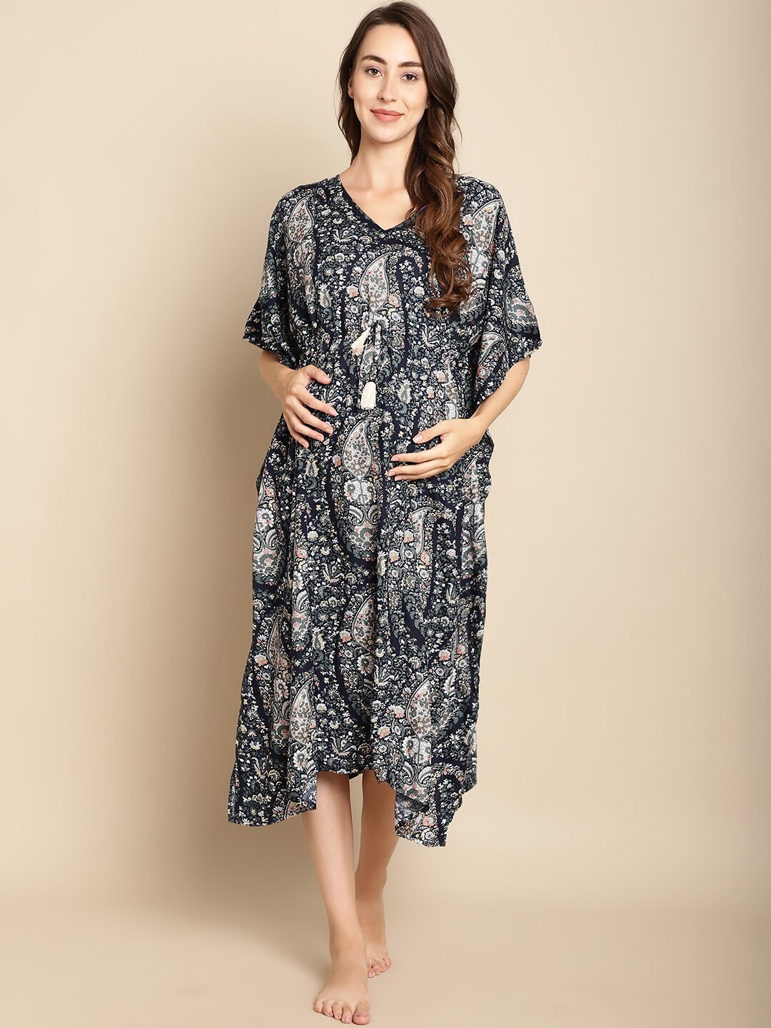 

Secret Wish Ethnic Motifs Printed Maternity Kaftan Nightdress, Navy blue