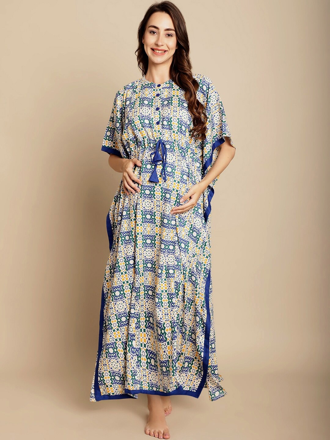 

Secret Wish Ethnic Motifs Printed Maternity Kaftan Maxi Nightdress, White