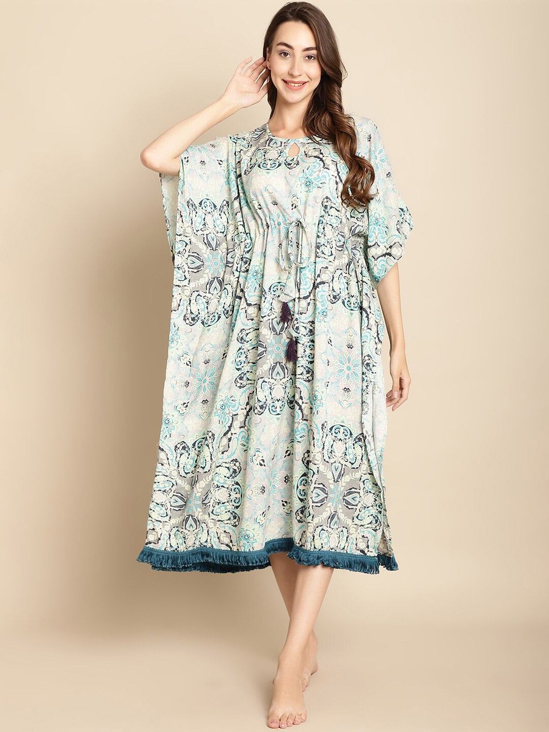 

Secret Wish Ethnic Motifs Printed Kaftan Maxi Nightdress, Blue
