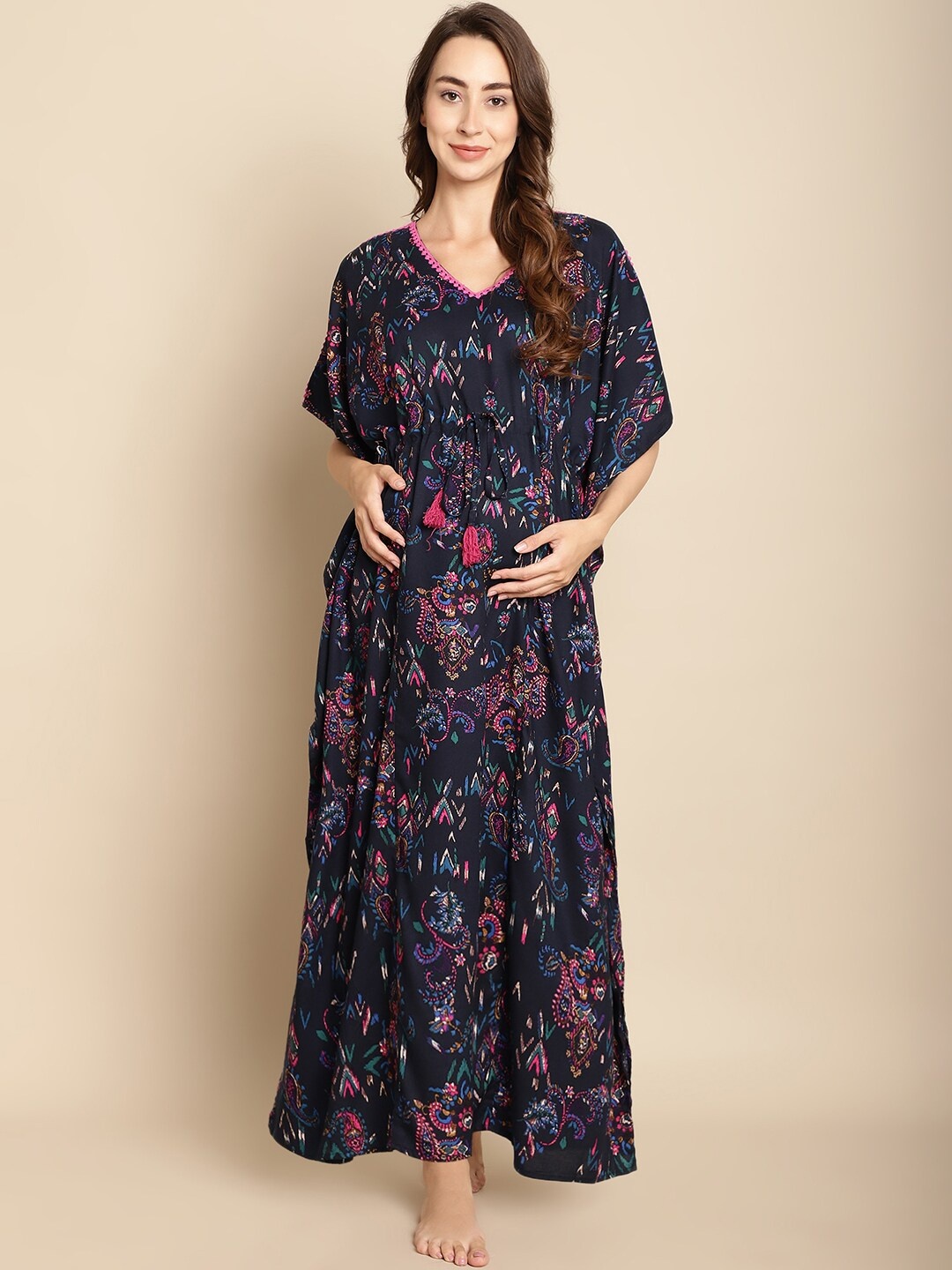 

Secret Wish Printed Maternity Maxi Kaftan Nightdress, Navy blue