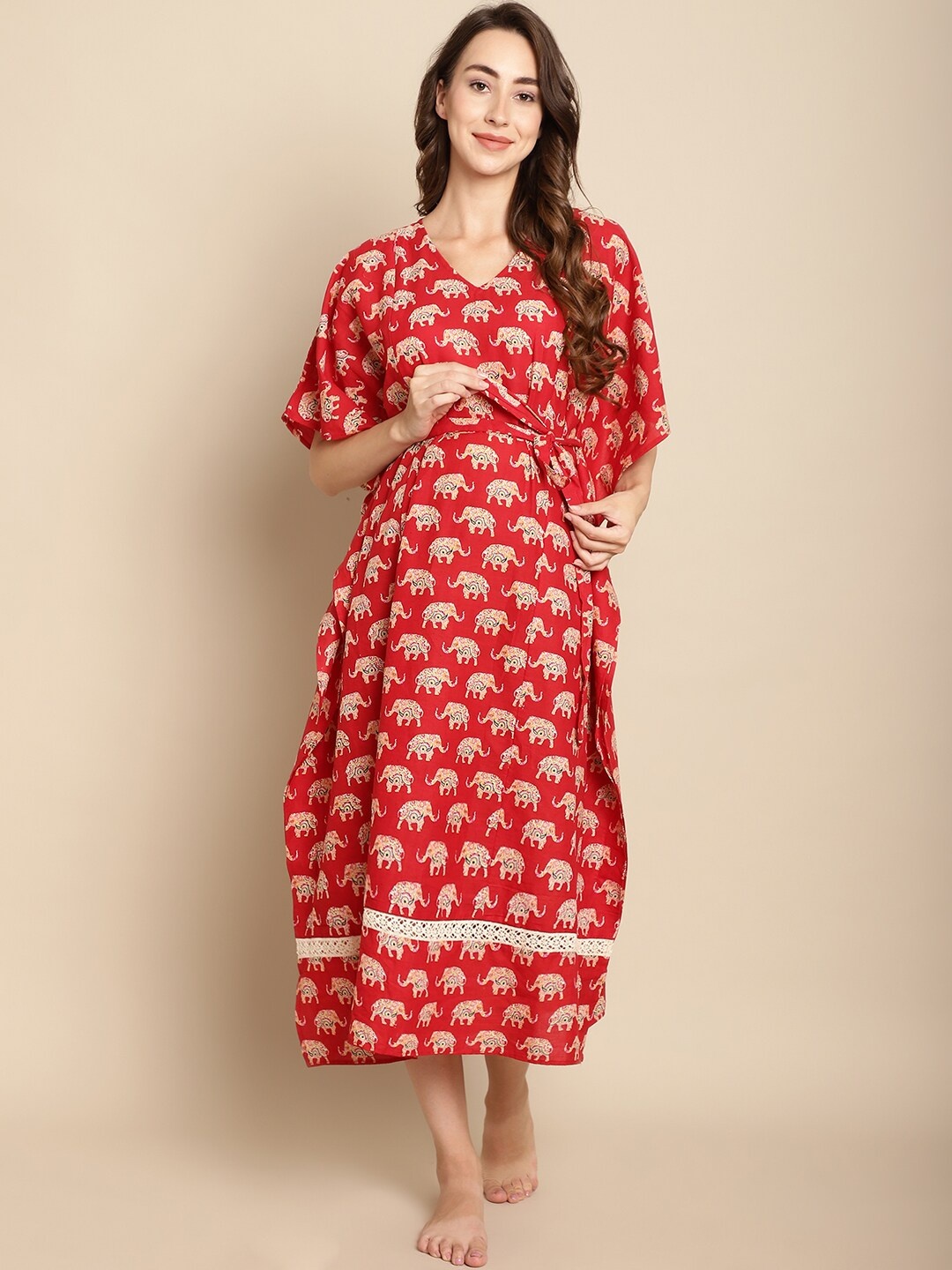 

Secret Wish Ethnic Motifs Printed Pure Cotton Maternity Kaftan Nightdress, Red