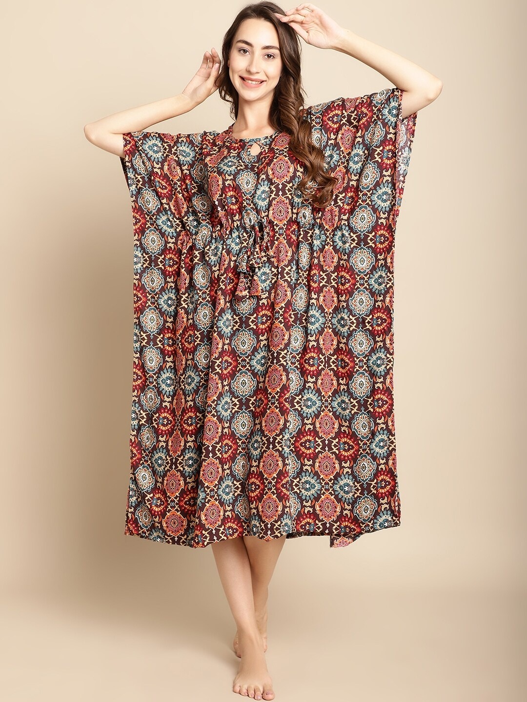 

Secret Wish Ethnic Motifs Printed Kaftan Nightdress, Brown