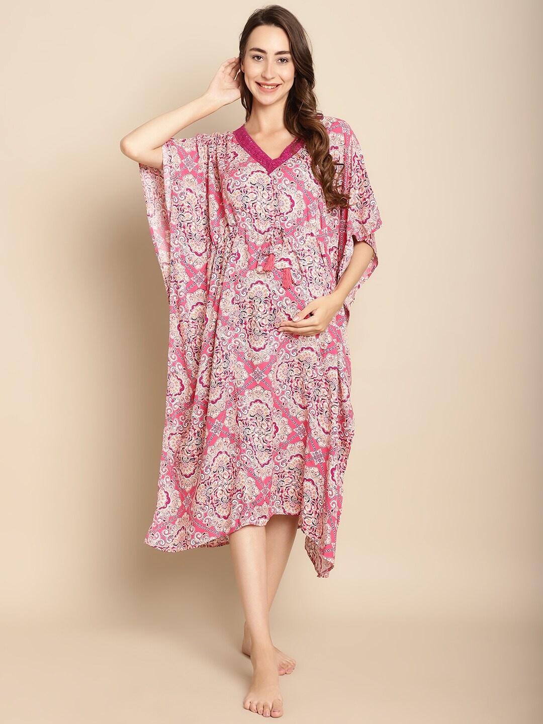 

Secret Wish Ethnic Motifs Printed Maternity Kaftan Nightdress, Pink