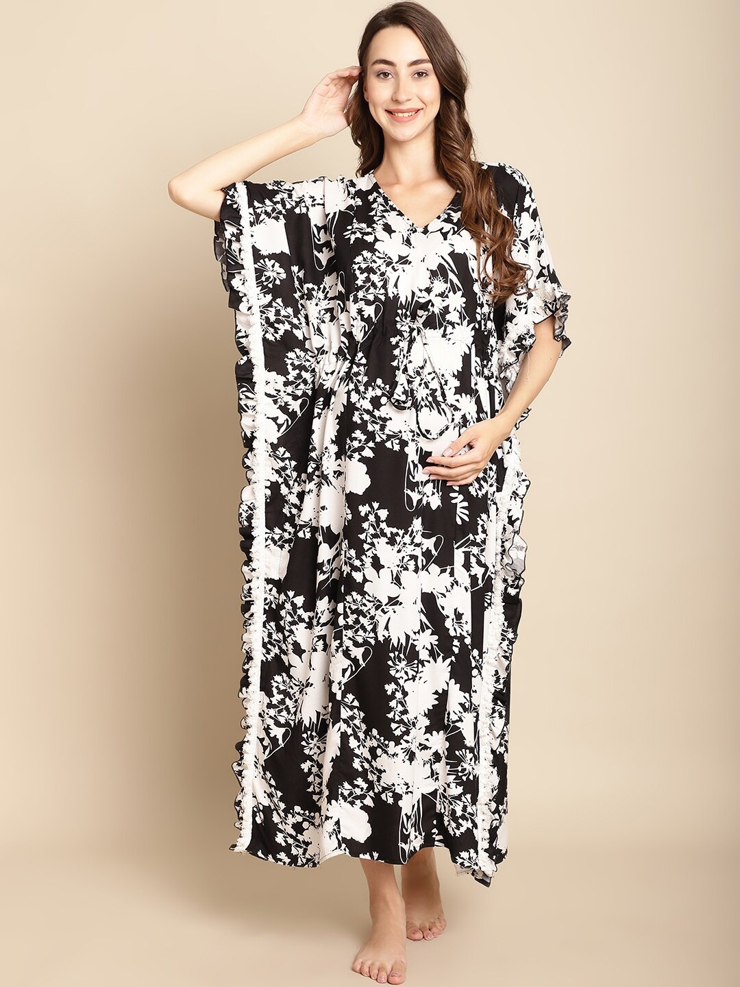 

Secret Wish Printed Maternity Maxi Kaftan Nightdress, Black