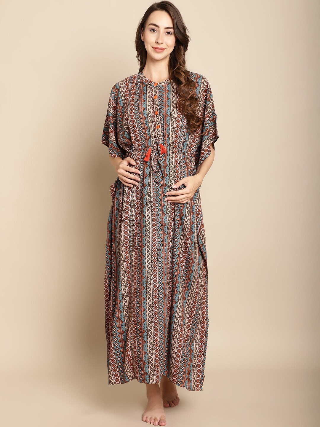 

Secret Wish Ethnic Motifs Printed Maternity Maxi Kaftan Nightdress, Grey
