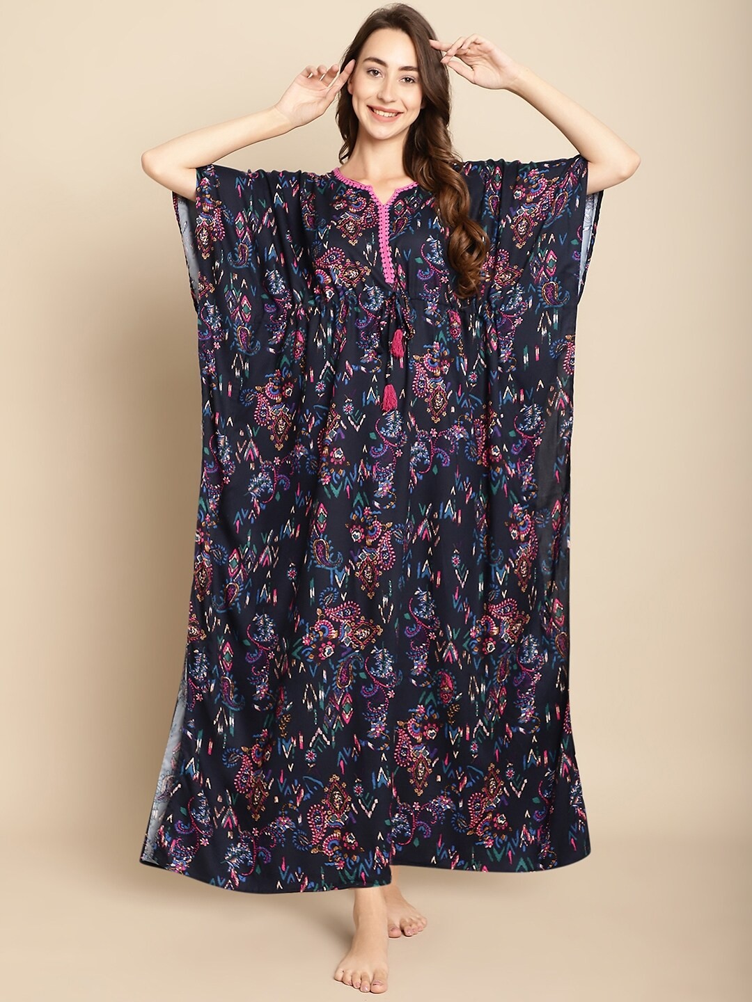 

Secret Wish Ethnic Motifs Printed Kaftan Maxi Nightdress, Navy blue