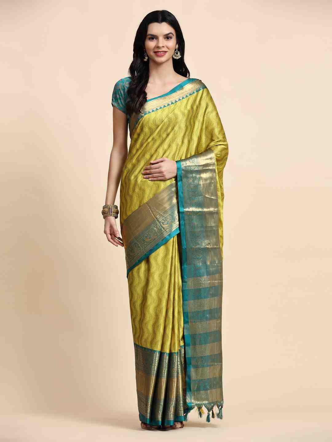 

ZIBLON Ethnic Motifs Woven Design Zari Kanjeevaram Silk Cotton Saree, Yellow