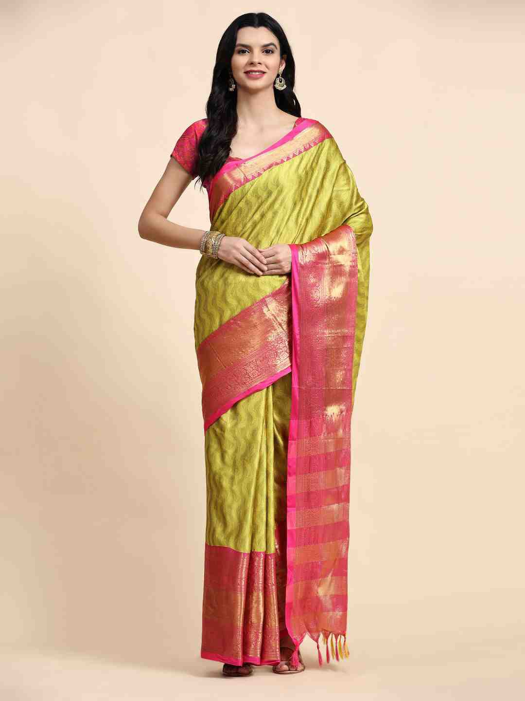 

ZIBLON Ethnic Motifs Woven Design Zari Kanjeevaram Silk Cotton Saree, Yellow