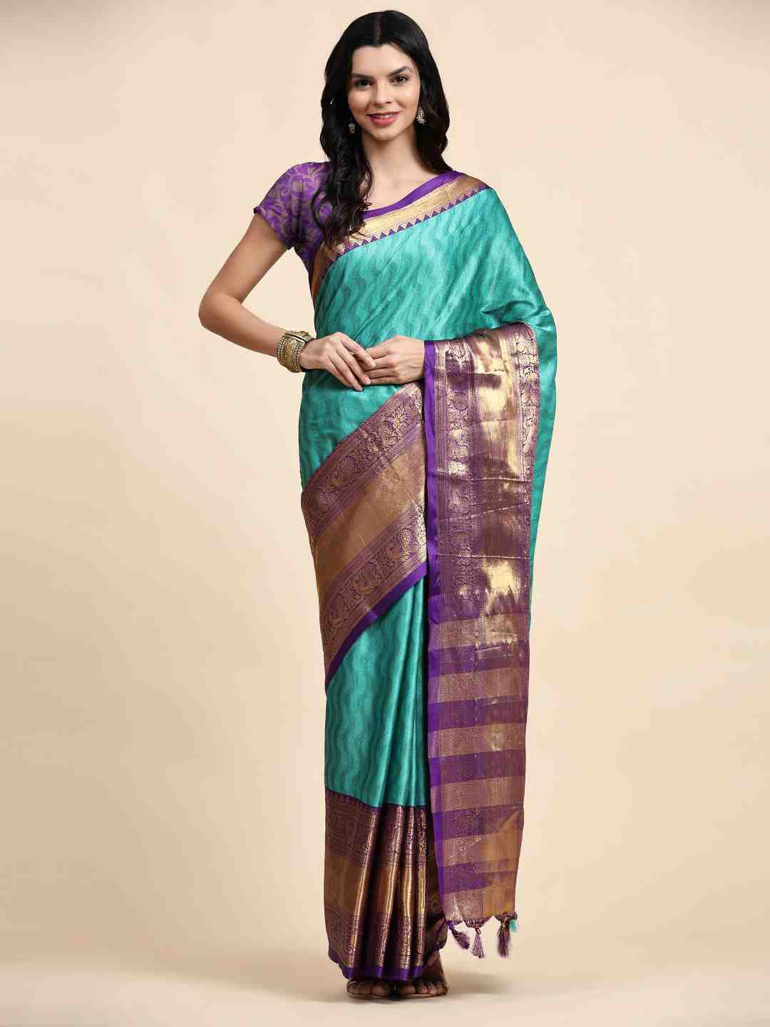 

ZIBLON Ethnic Motifs Silk Cotton Zari Kanjeevaram Saree, Blue