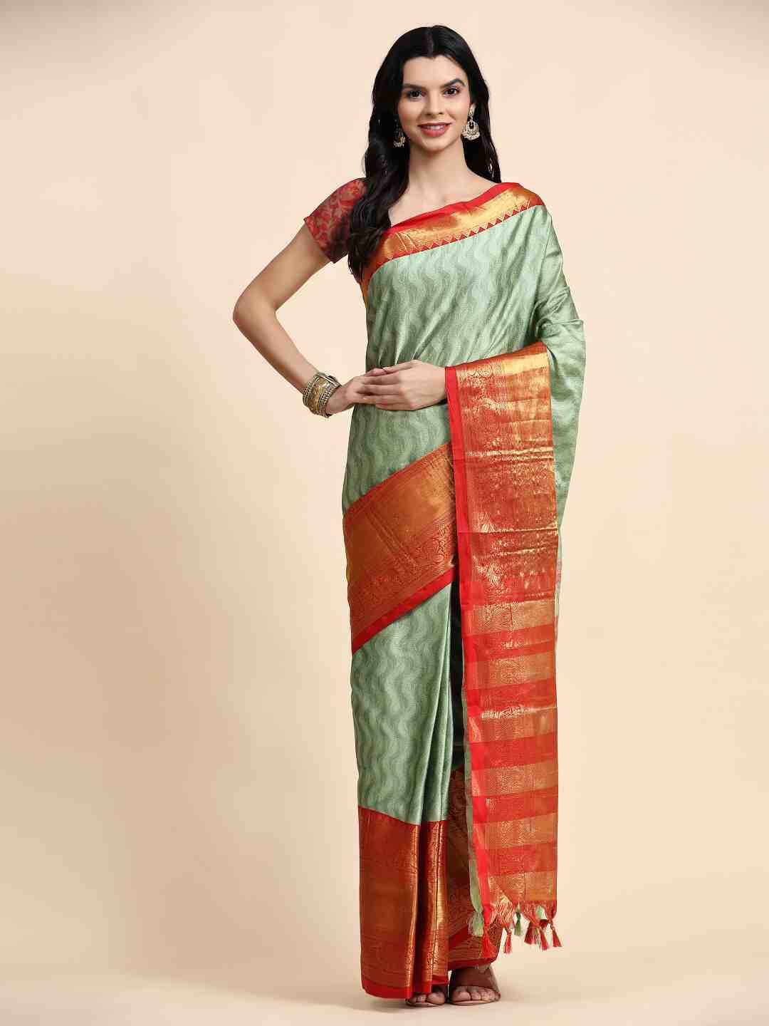 

ZIBLON Ethnic Motifs Silk Cotton Zari Kanjeevaram Saree, Sea green