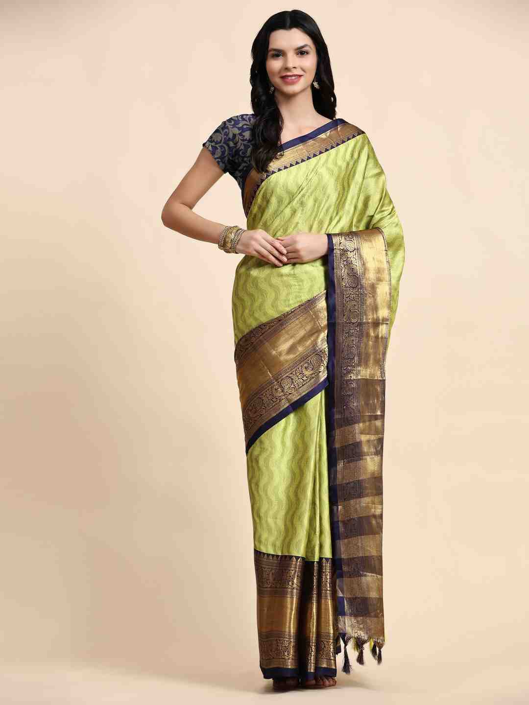 

ZIBLON Ethnic Motifs Woven Design Zari Kanjeevaram Saree, Lime green