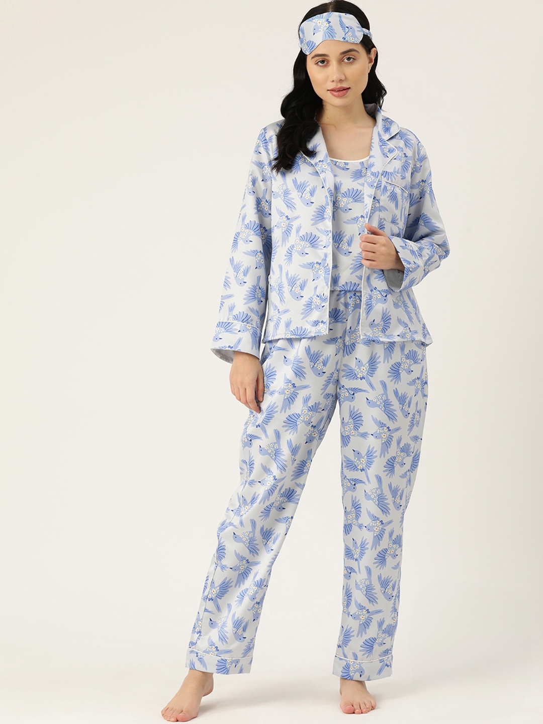 

ETC 3 Piece Floral Printed Satin Night Suit, Blue