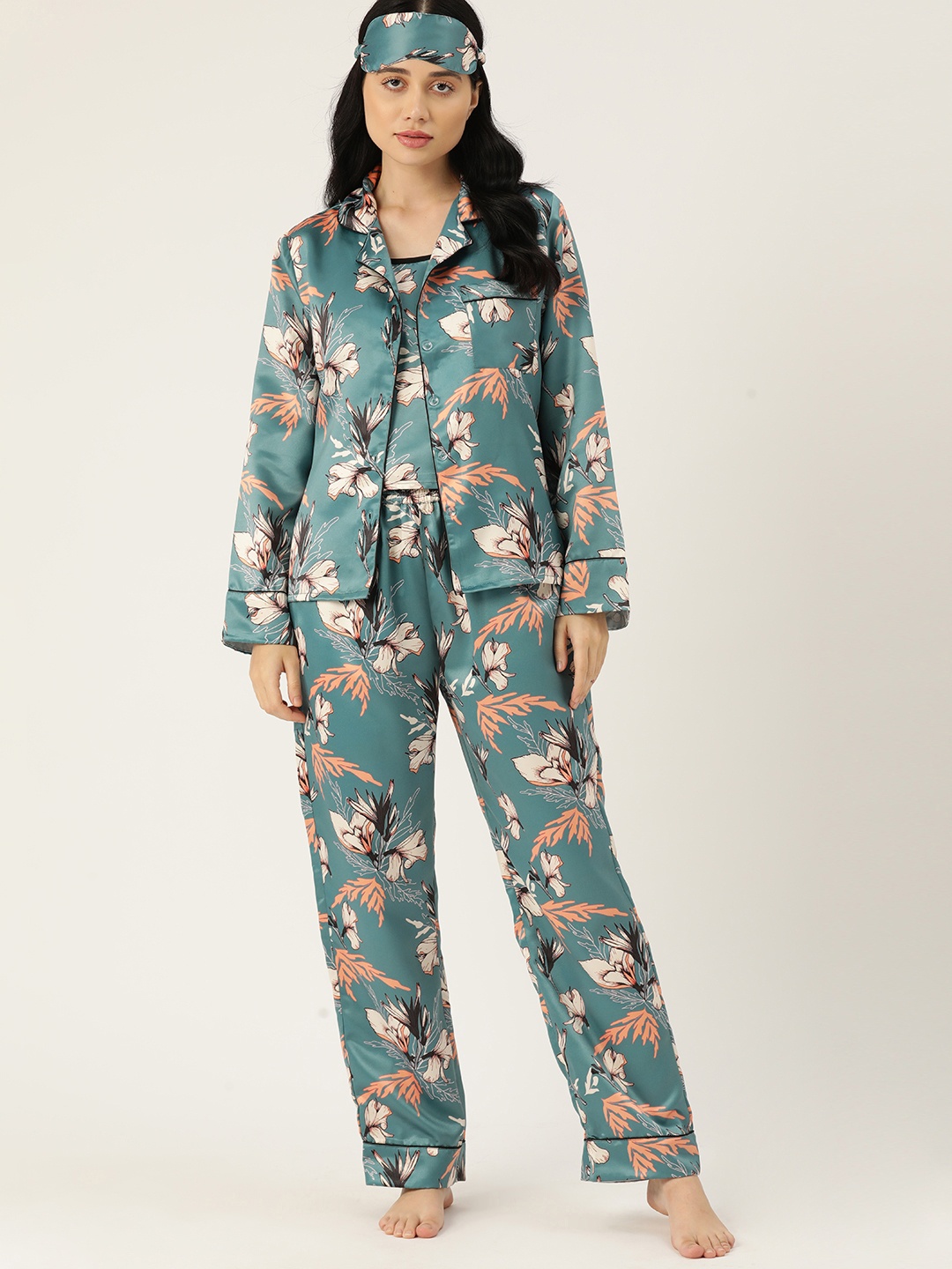 

ETC Women 7 Pieces Floral Printed Satin Night suit, Teal