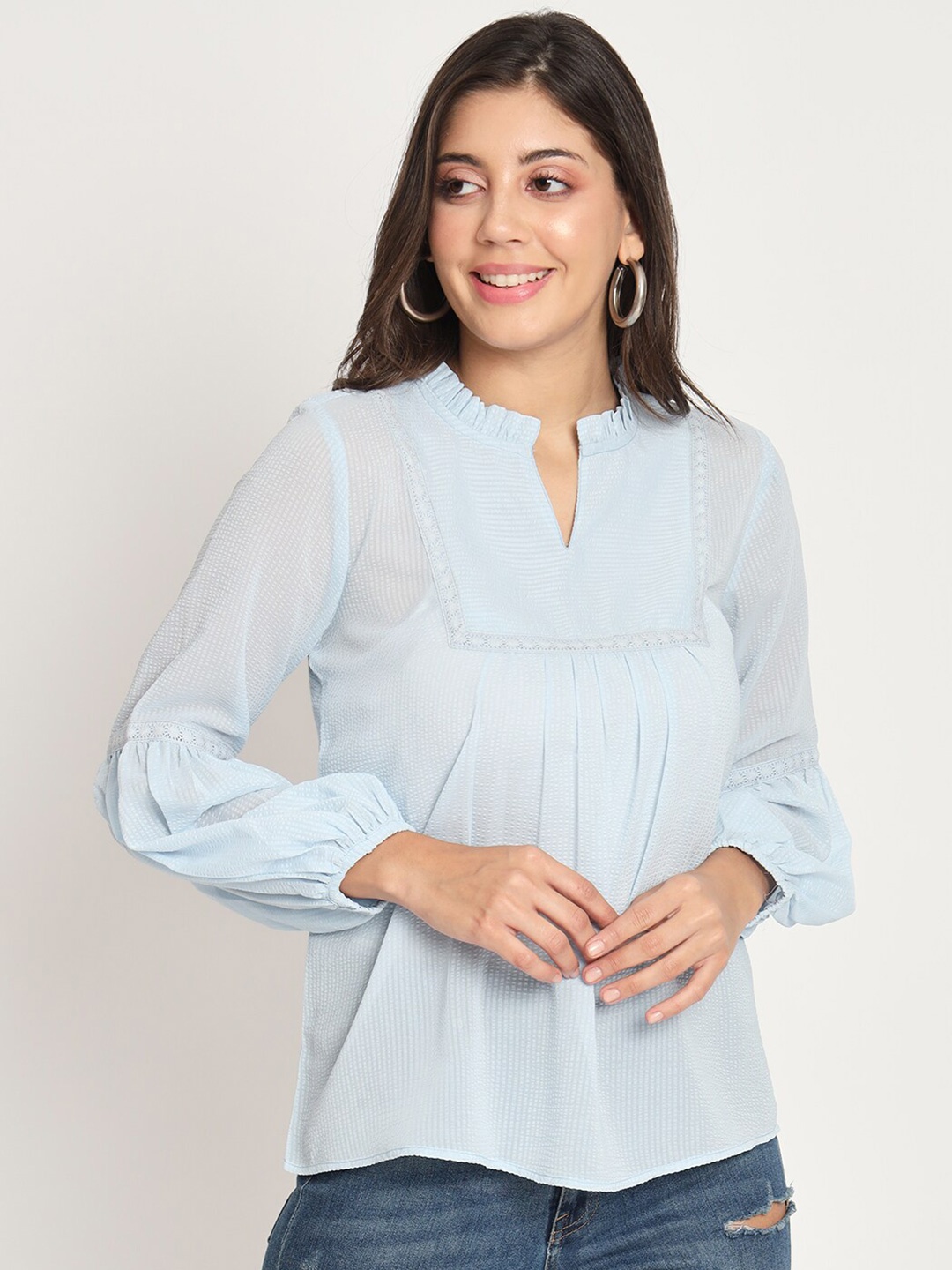 

CHARMGAL Self Design Tie-Up Neck Georgette Top, Blue