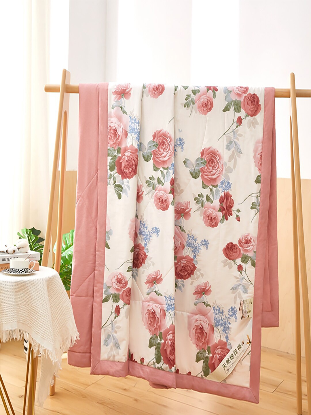 

JC HOME White & Pink Floral AC Room 350 GSM Pure Cotton Double Bed Quilt