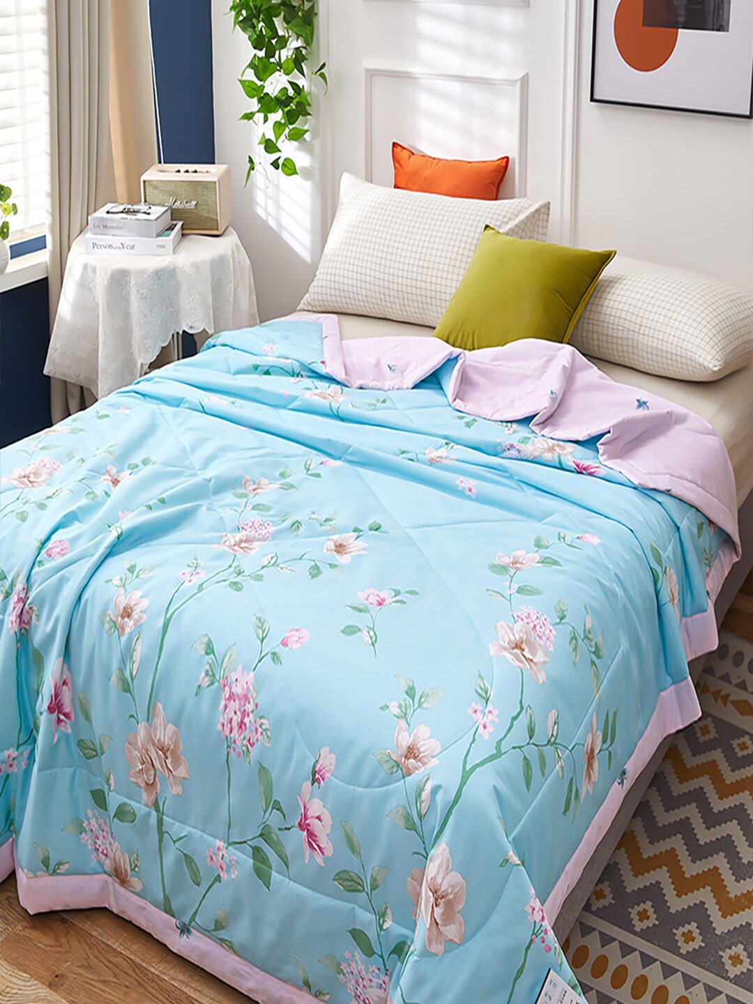 

JC HOME Blue Pink Floral Pure Cotton AC Room 350 GSM Double Bed Quilt