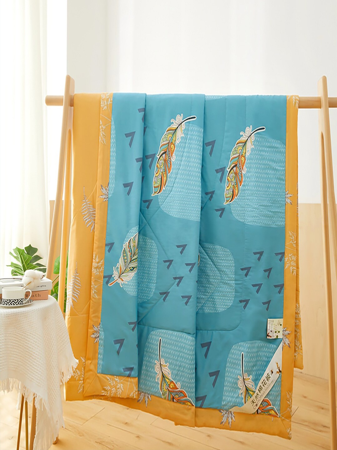 

JC HOME Blue Mustard Ethnic Motifs Pure Cotton AC Room 350 GSM Double Bed Quilt