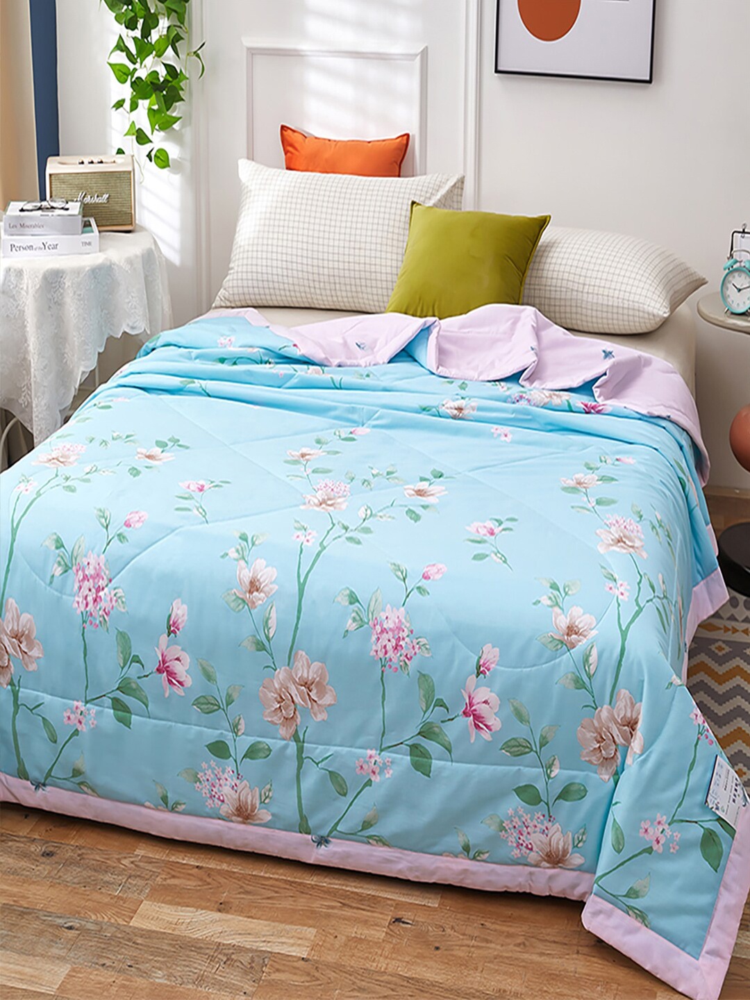 

JC HOME Blue Pink Floral Pure Cotton AC Room 350 GSM Double Bed Quilt