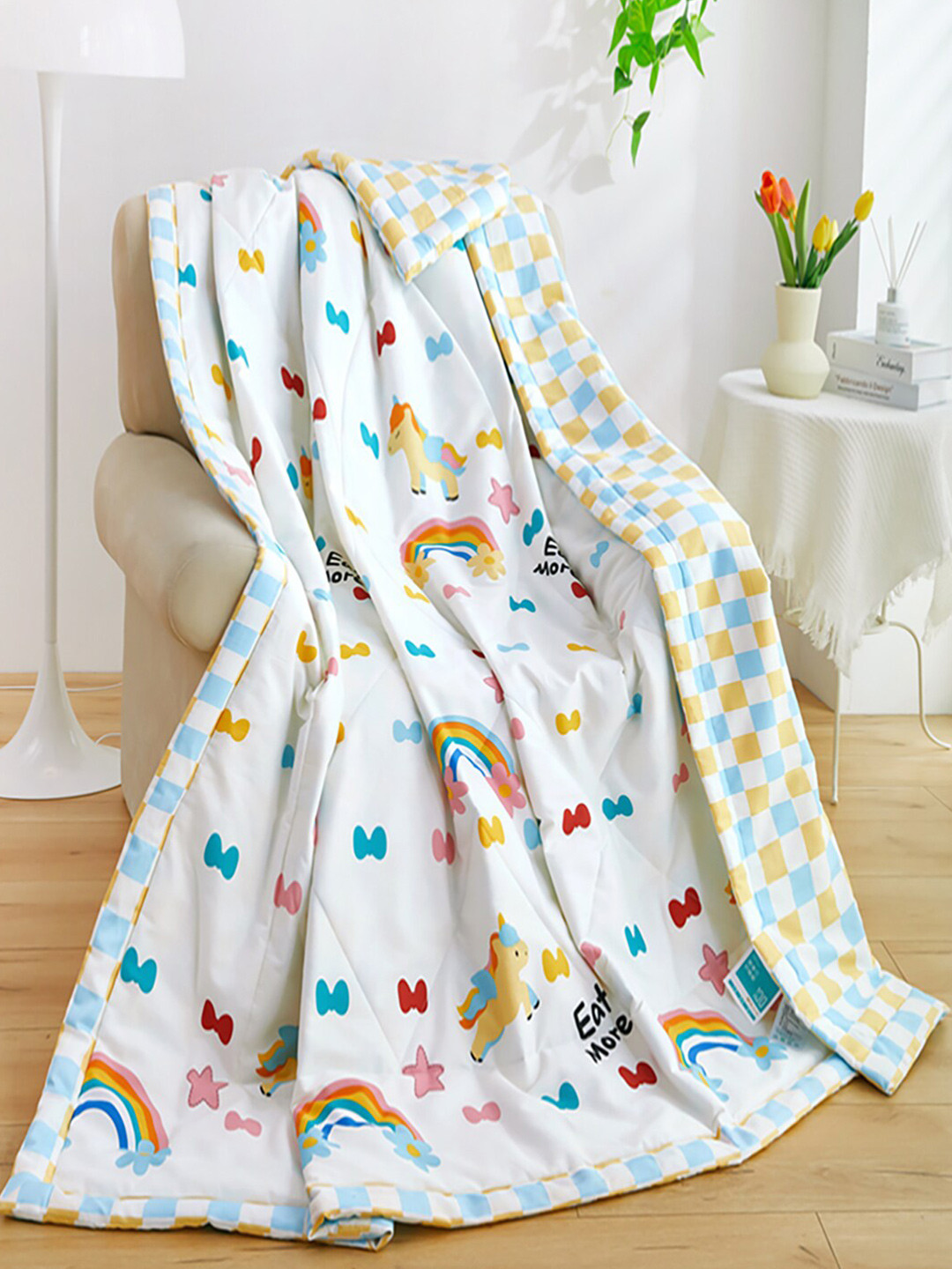 

JC HOME White Yellow Conversational Pure Cotton AC Room 350 GSM Single Bed Quilt