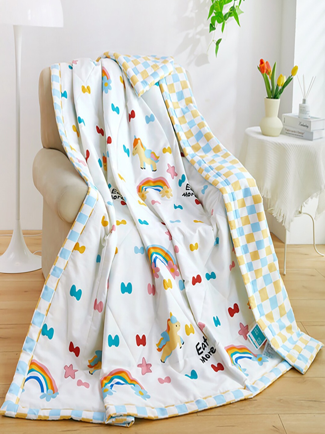 

JC HOME White & Blue Printed Pure Cotton AC Room 350 GSM Double Bed Quilt