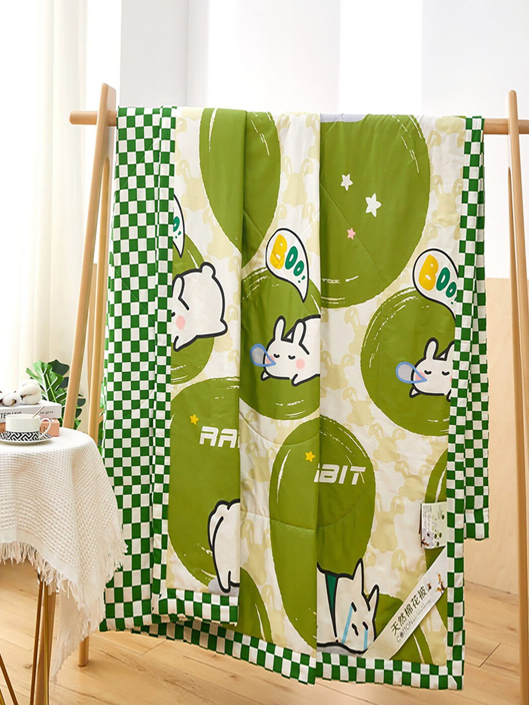 

JC HOME Green & White AC Room 350 GSM Pure Cotton Single Bed Quilt