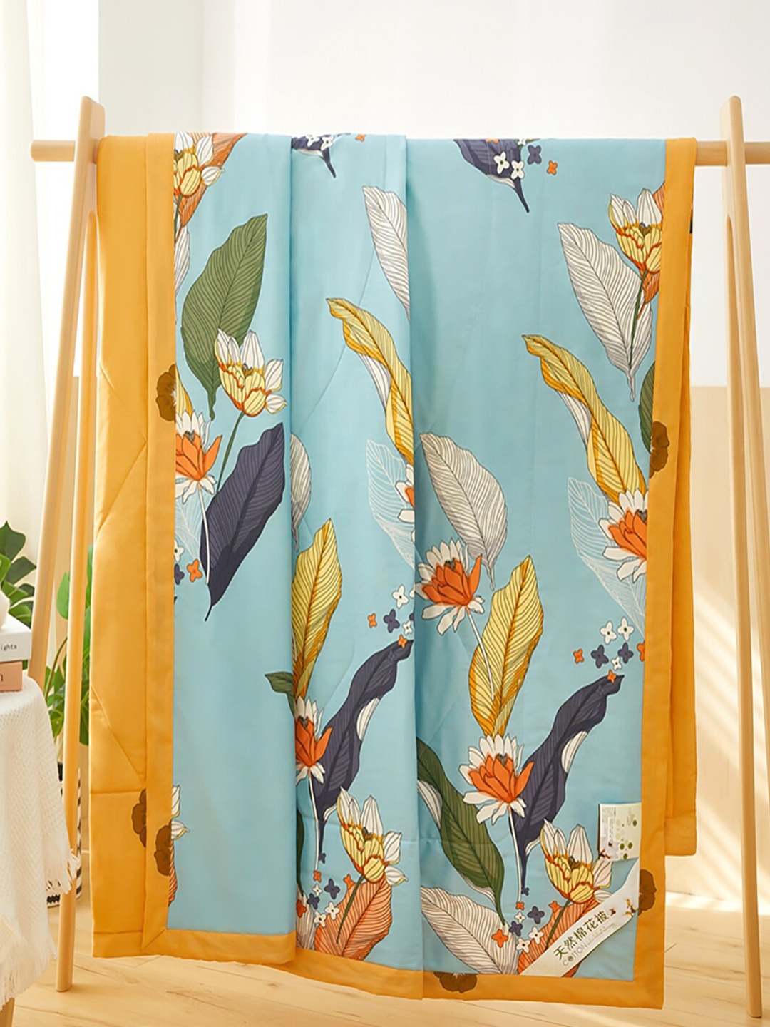 

JC HOME Blue & Yellow Floral Pure Cotton Room 350 GSM Double Bed Quilt