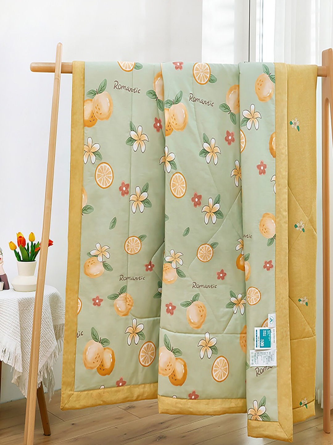 

JC HOME Green & Yellow Floral Cotton AC Room 350 GSM Single Bed Quilt