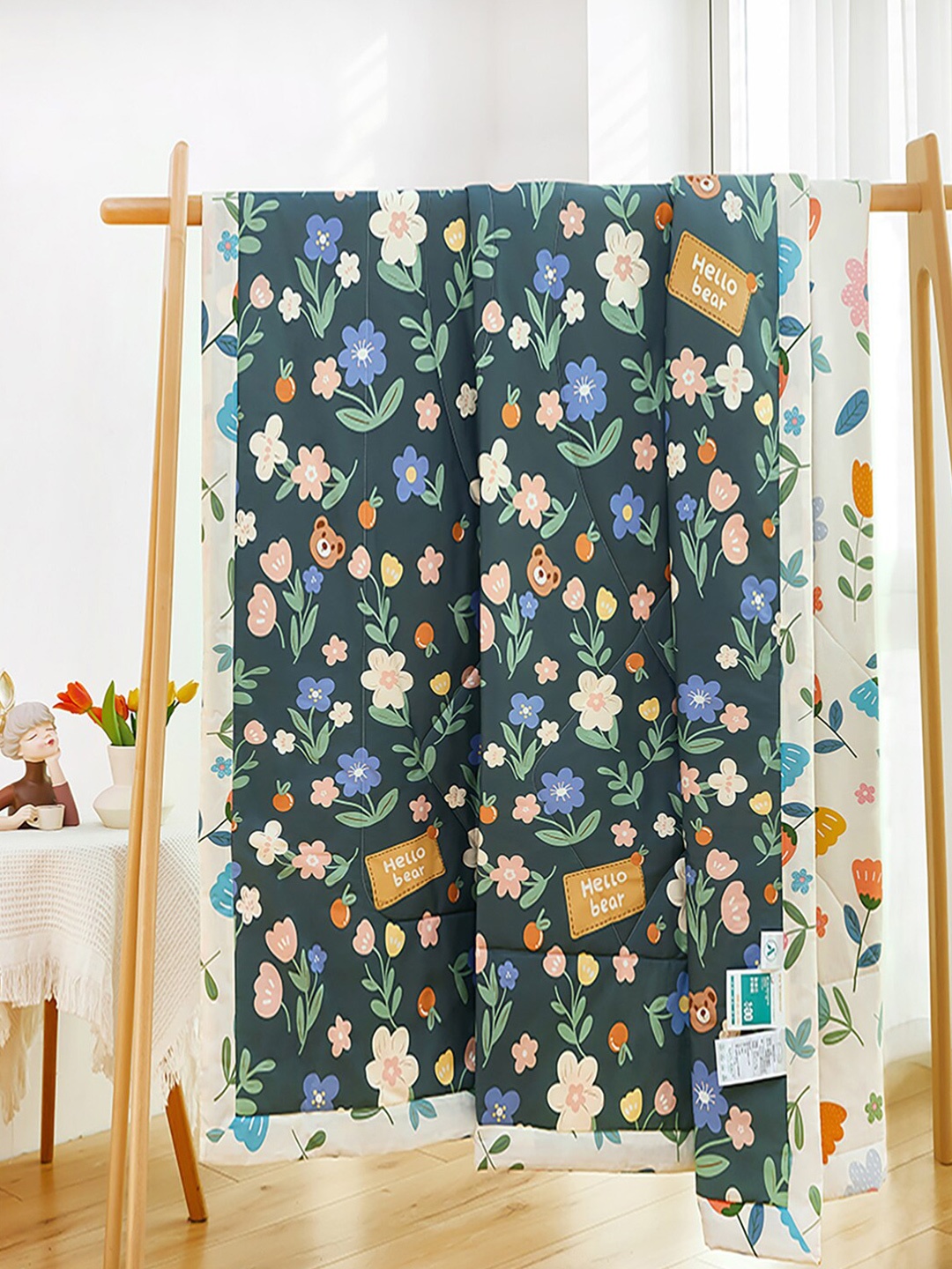 

JC HOME Green Blue Floral Pure Cotton AC Room 350 GSM Double Bed Quilt