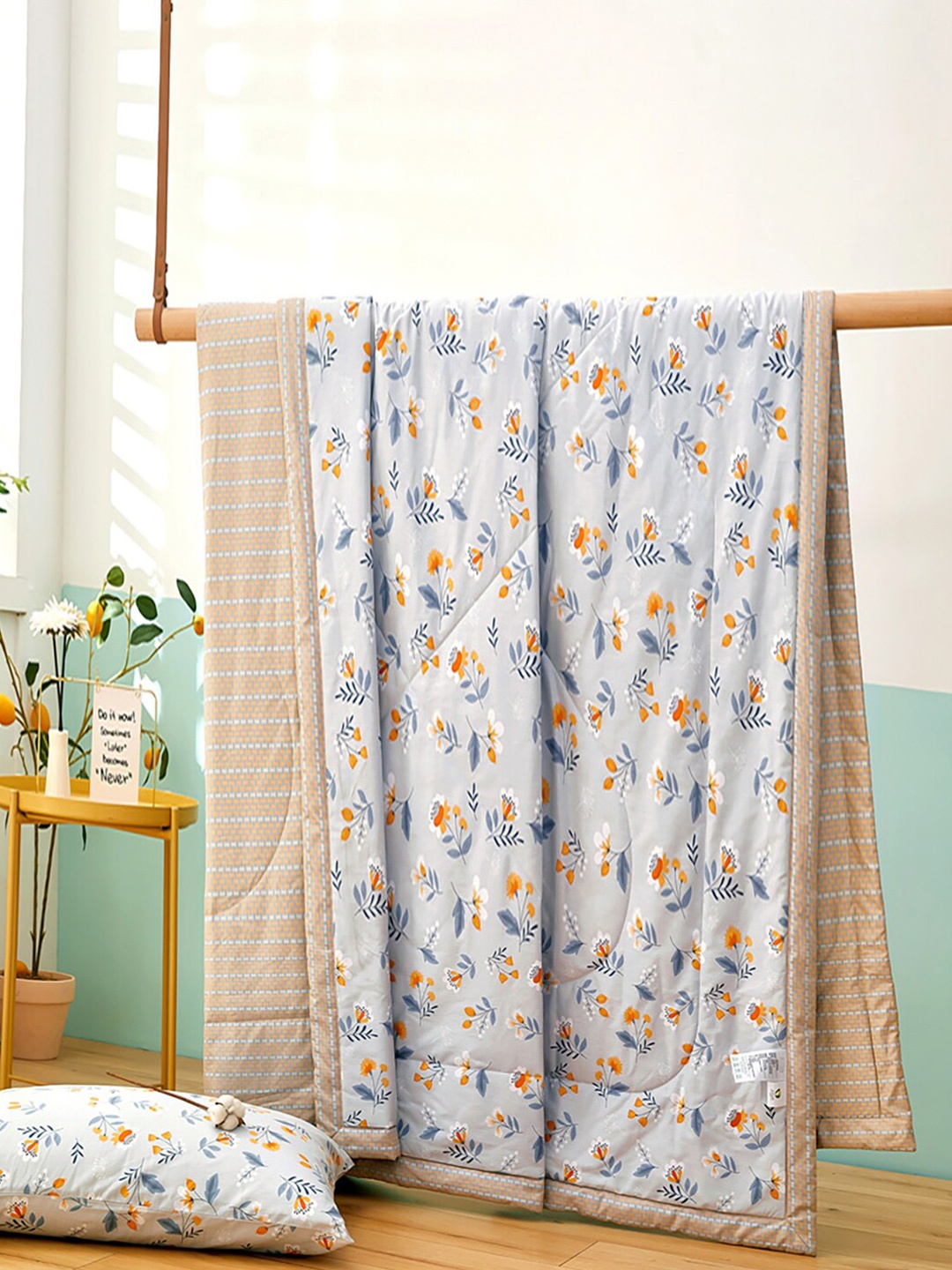 

JC HOME Blue Orange Floral Pure Cotton AC Room 350 GSM Double Bed Quilt