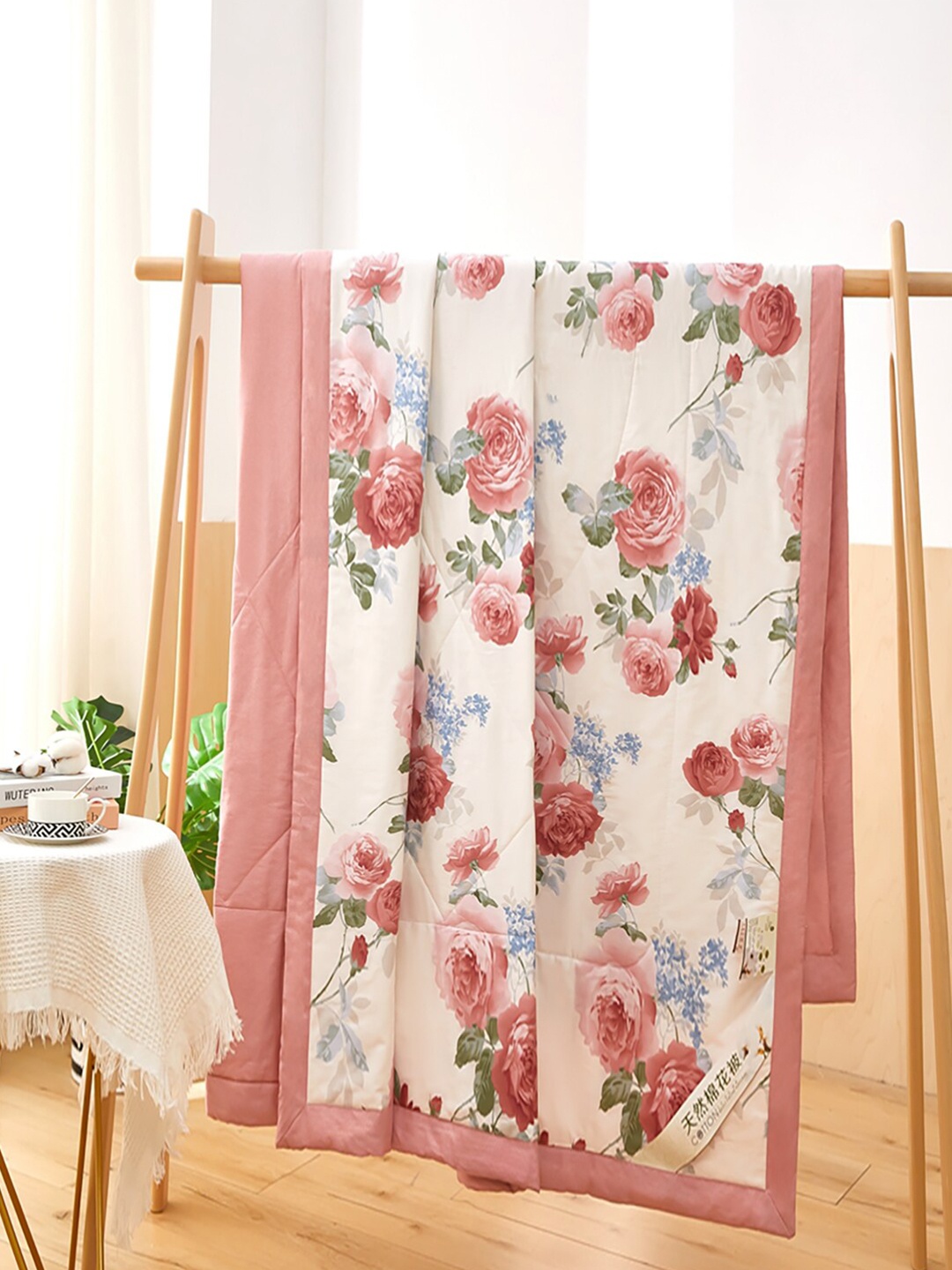 

JC HOME Off White Pink Floral Pure Cotton AC Room 350 GSM Double Bed Quilt