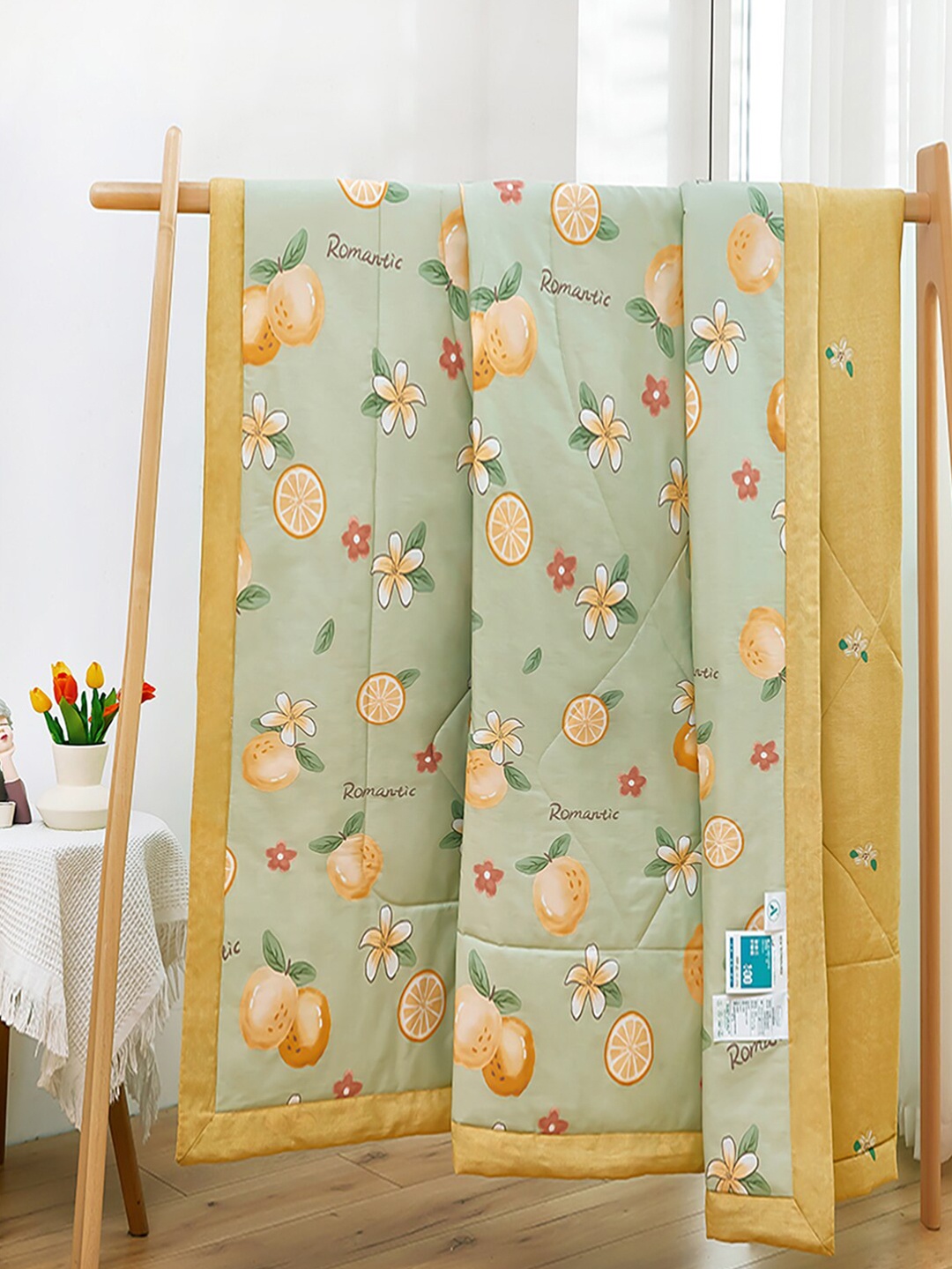 

JC HOME Green & Yellow Floral Cotton AC Room 350 GSM Double Bed Quilt
