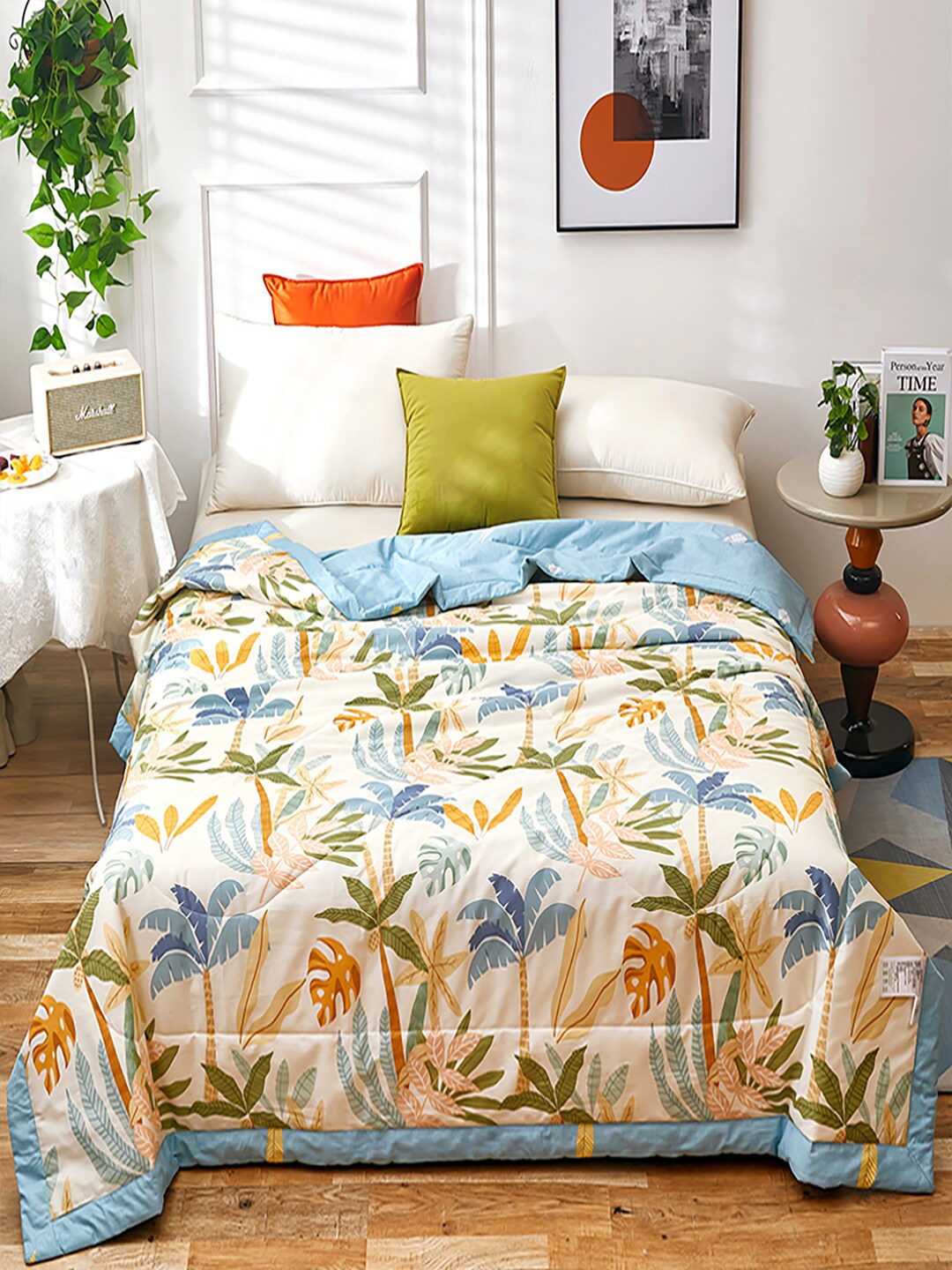 

JC HOME Cream-Coloured & Blue Floral Cotton AC Room 350 GSM Double Bed Quilt