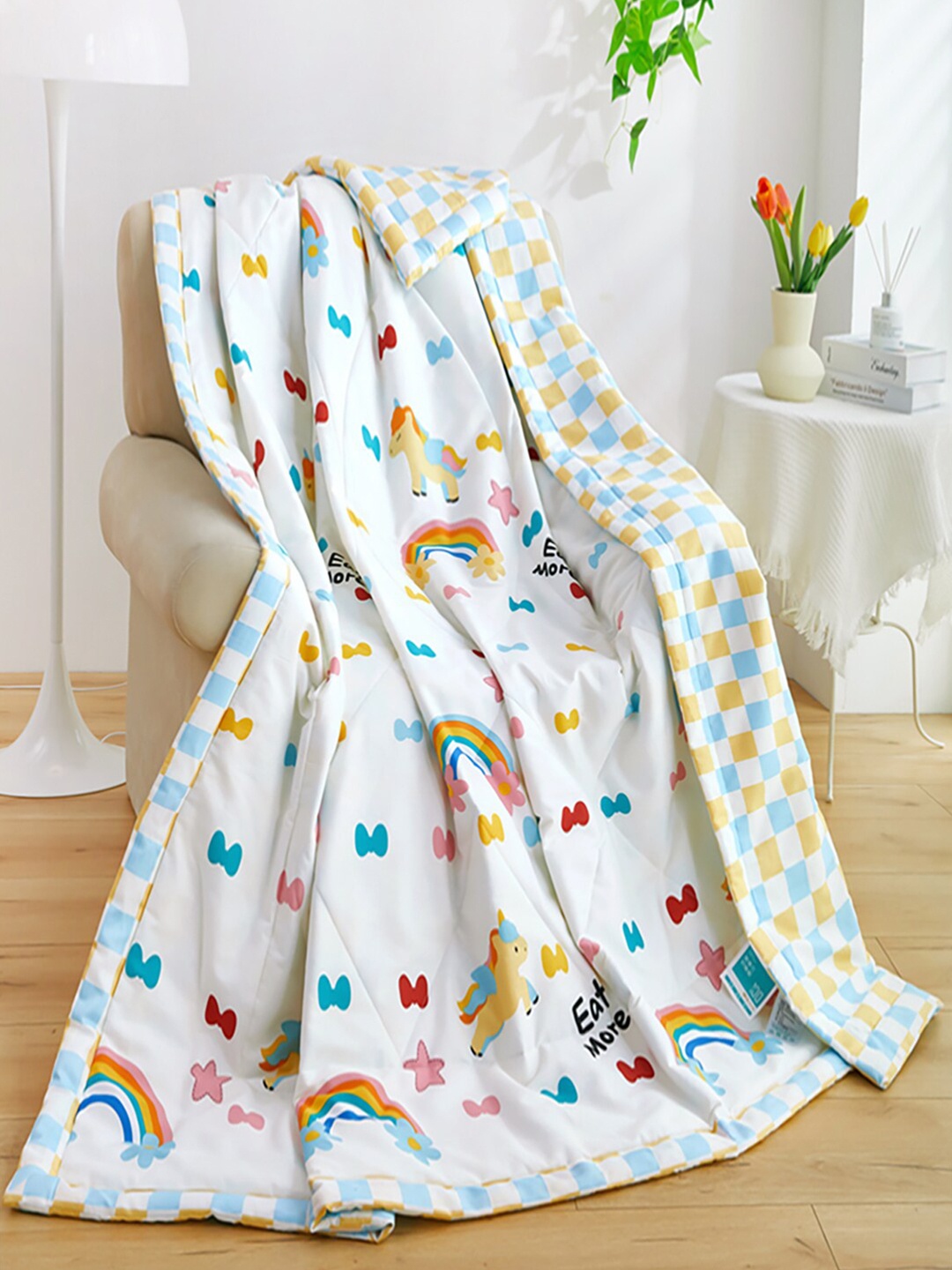 

JC HOME White & Blue Conversational Pure Cotton AC Room 350 GSM Double Bed Quilt