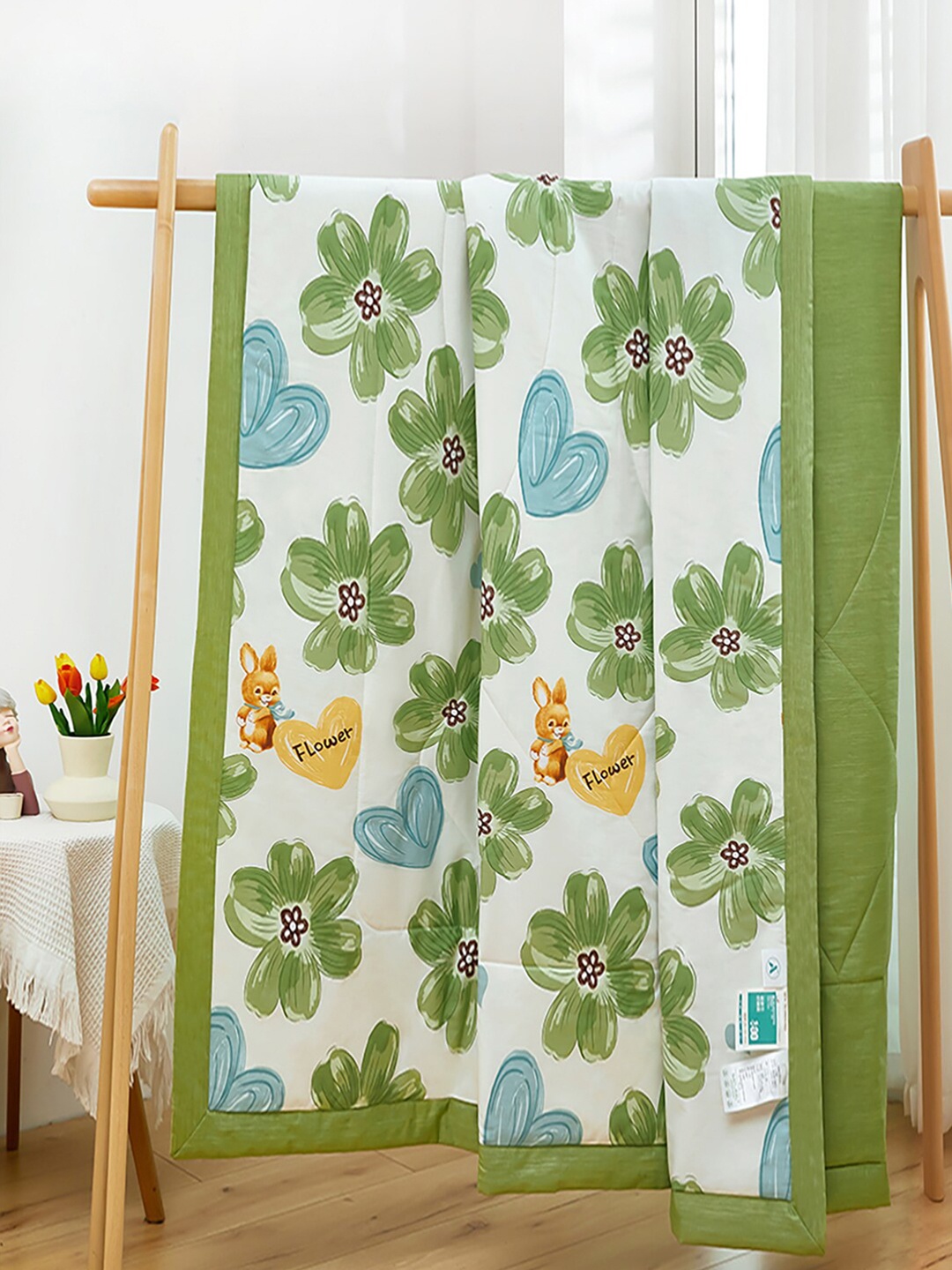 

JC HOME Green & White Floral AC Room 350 GSM Pure Cotton Single Bed Quilt