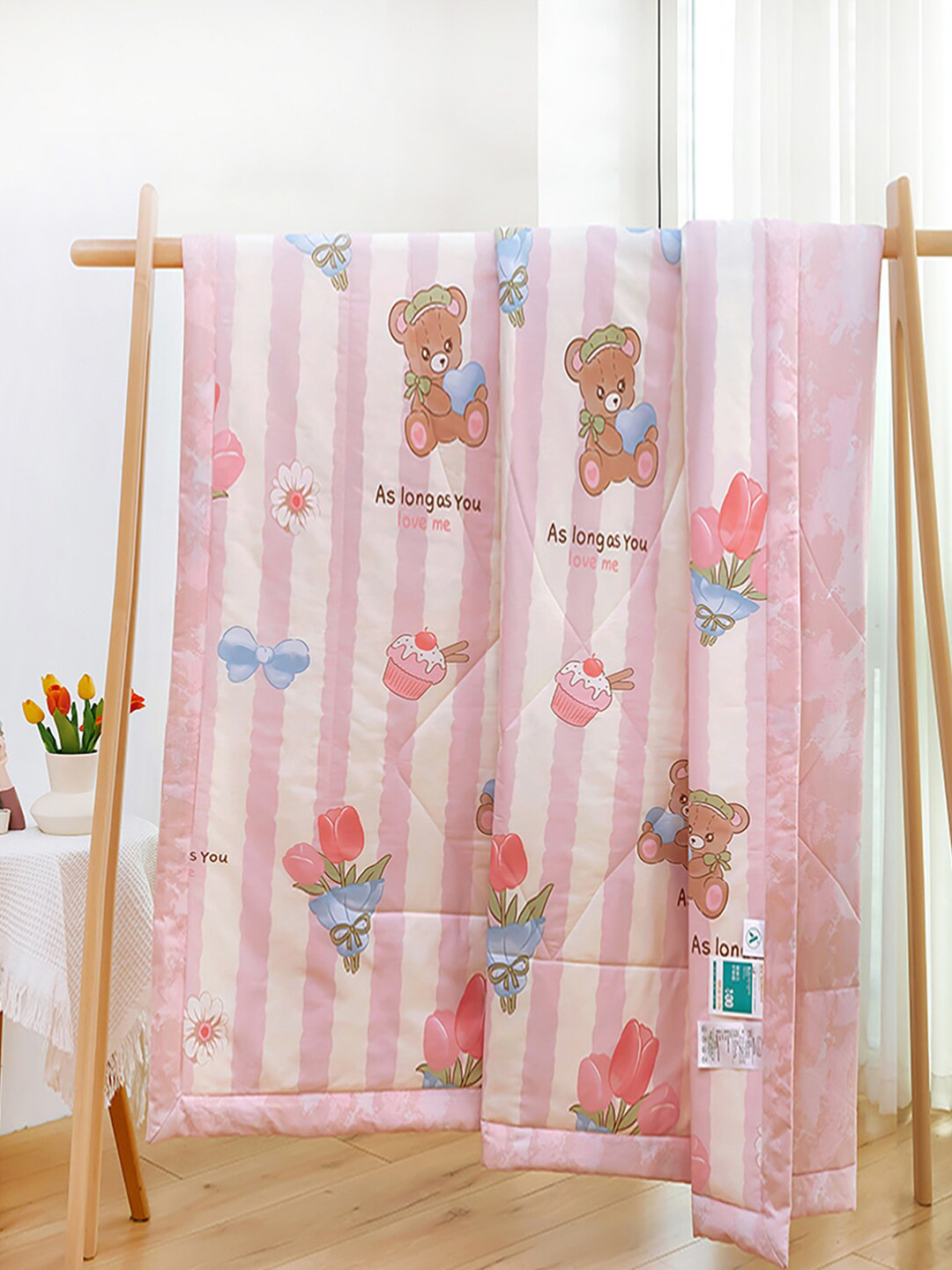 

JC HOME Pink & White Cartoon Characters AC Room 350 GSM Pure Cotton Double Bed Quilt