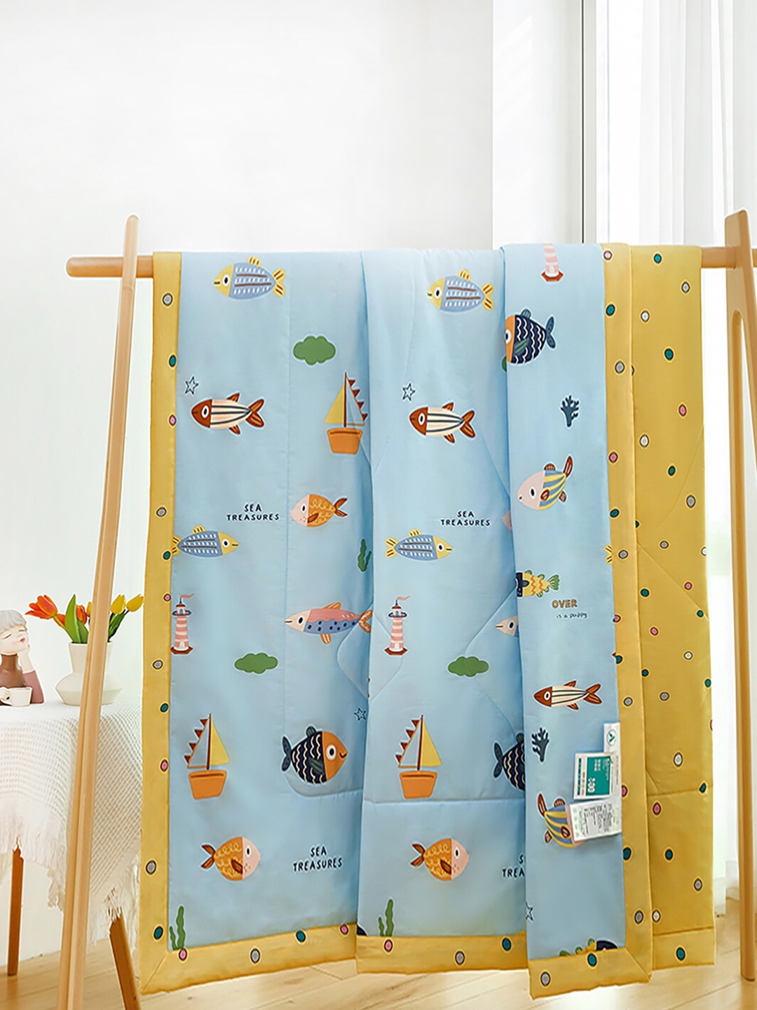 

JC HOME Blue Yellow Conversational Pure Cotton AC Room 350 GSM Double Bed Quilt