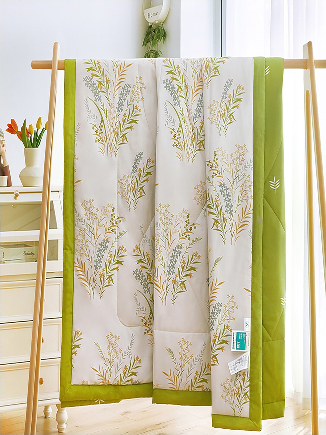 

JC HOME White Green Floral AC Room 350 GSM Pure Cotton Double Bed Quilt