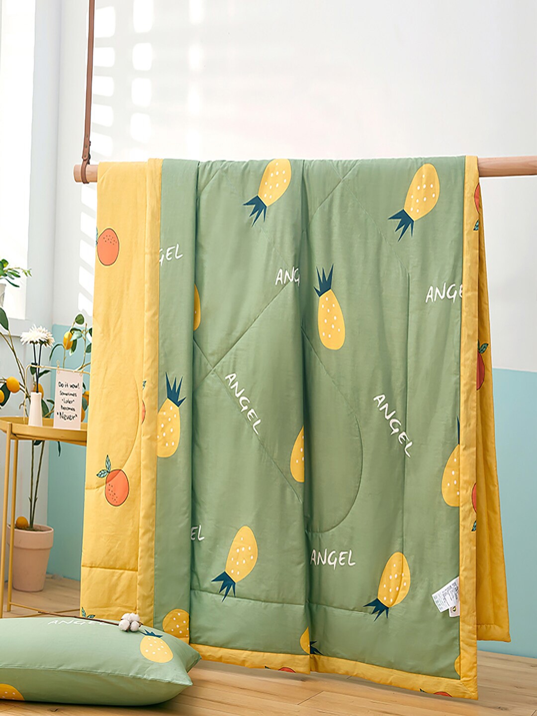 

JC HOME Green & Yellow Conversational Pure Cotton AC Room 350 GSM Double Bed Quilt